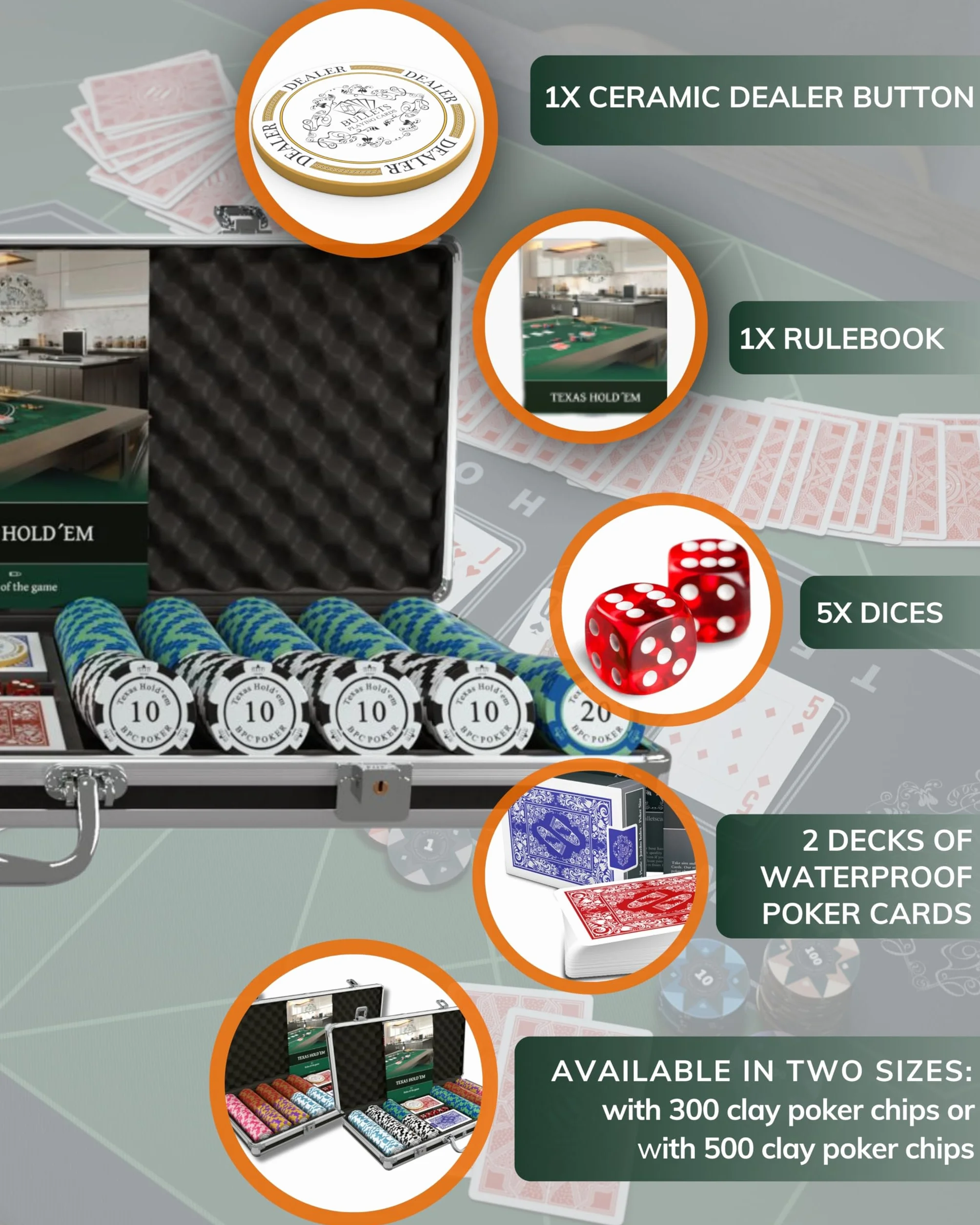Poker Set Deluxe con 500 fiches Carmela Clay e Carte da Poker Bullets Playing Cards