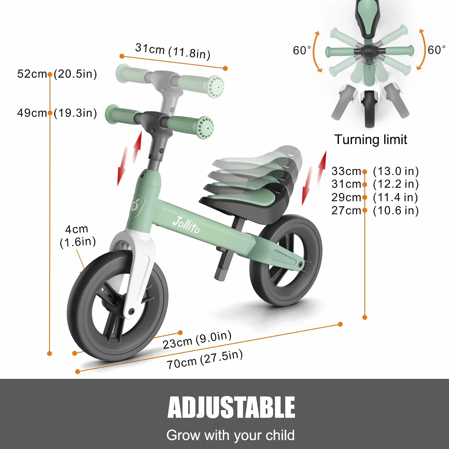 JOLLITO Baby Balance Bike, Giocattoli per bambini in bicicletta per 18-48 mesi di età Ragazza e ragazzo regali, Leggero senza pedali Training Bike, ruota da 9 pollici e telaio in alluminio