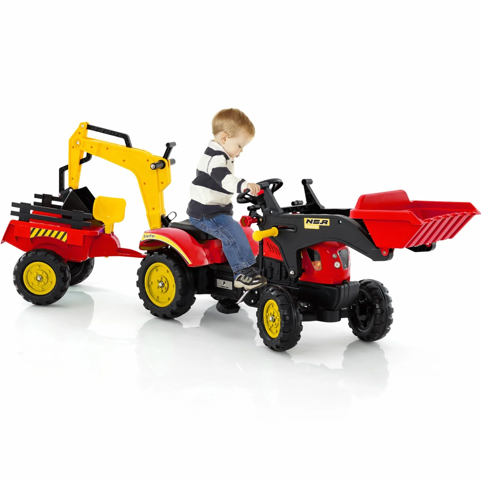 COSTWAY 3 in 1 Escavatore per Bambini, Trattore con Rimorchio Staccabile Cavalcabile, 6 Ruote, 2 Benne, Rosso