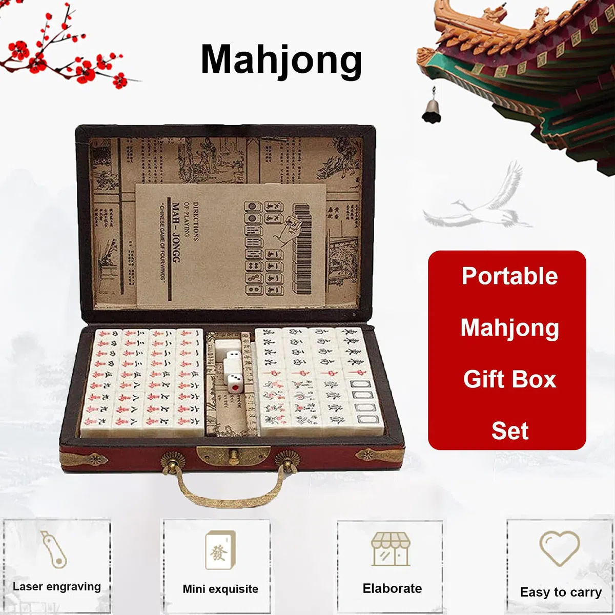 Antico Mahjong 144 Piastrelle Set da Viaggio Portatile Gioco Familiare per Adulti