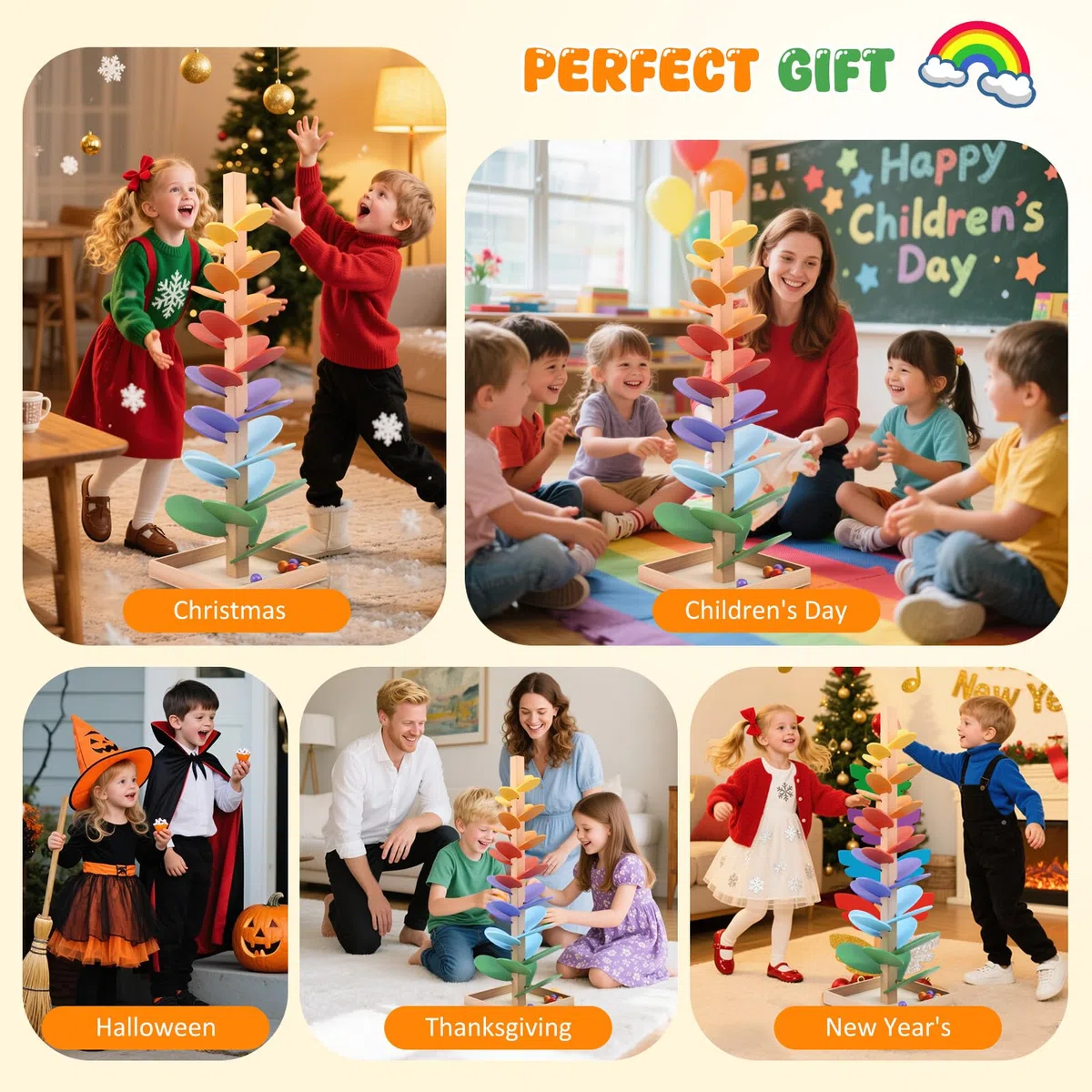 Pista a sfera in legno, 72 cm, albero sonoro arcobaleno, giocattolo educativo per bambini con 10 palline arcobaleno, 8 livelli colorati, giocattolo creativo in legno per bambini 3-7 anni