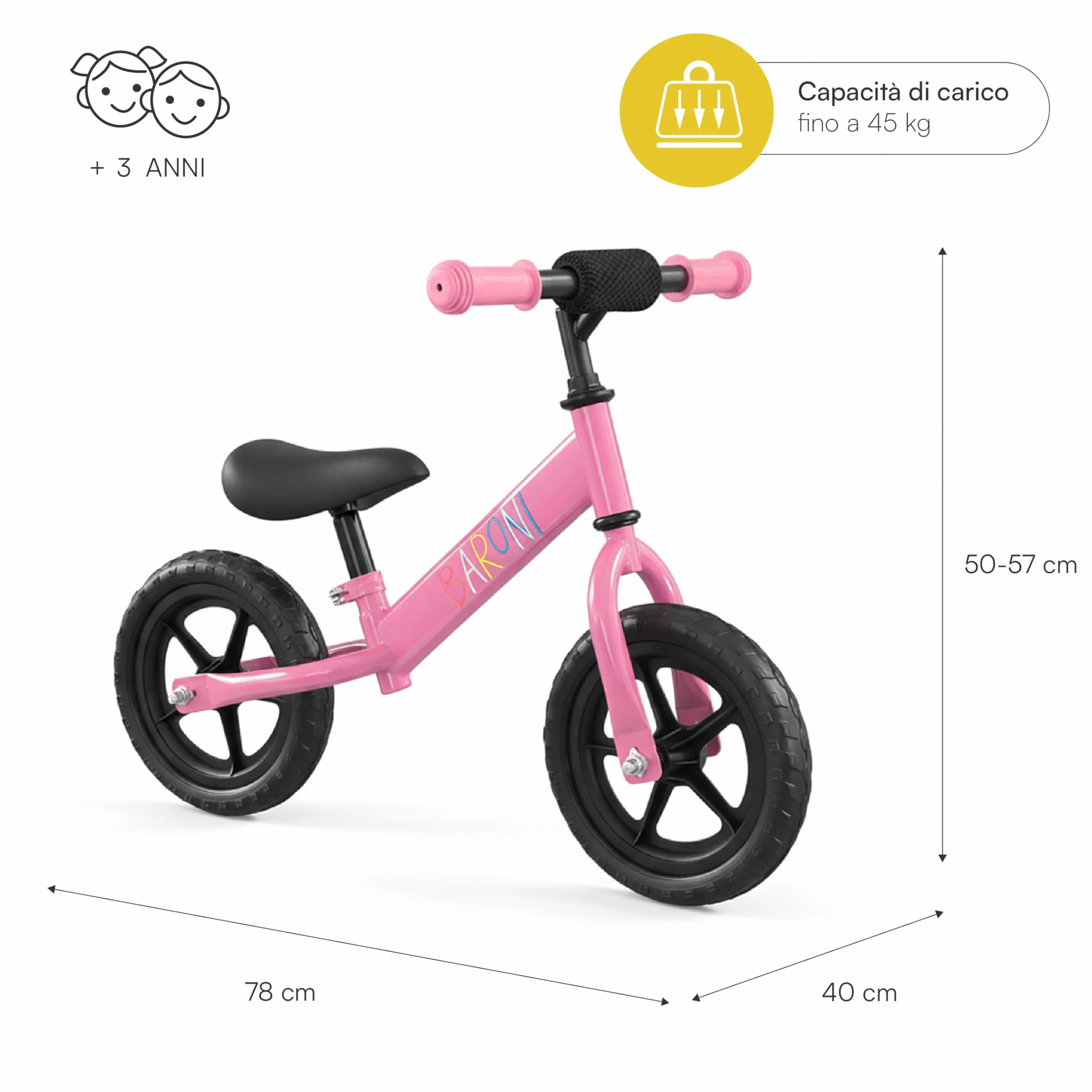 Baroni Toys Bici Senza Pedali per Bambini dai 3 Anni, Balanced Bike con Manubrio e Sellino Regolabili, Ruote Tassellate Antiscivolo, Portata 45kg, Ideale per Equilibrio e Coordinazione