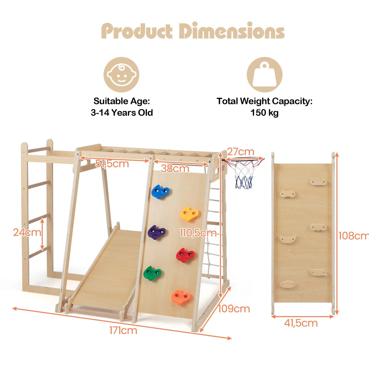 HOMASIS 6w1 Arrampicata per Bambini, Palestra con Scivolo Doppia Faccia, Rete, Scala, Canestro, Parete Arrampicata, Barre Scimmia, 3+ Lat Naturale
