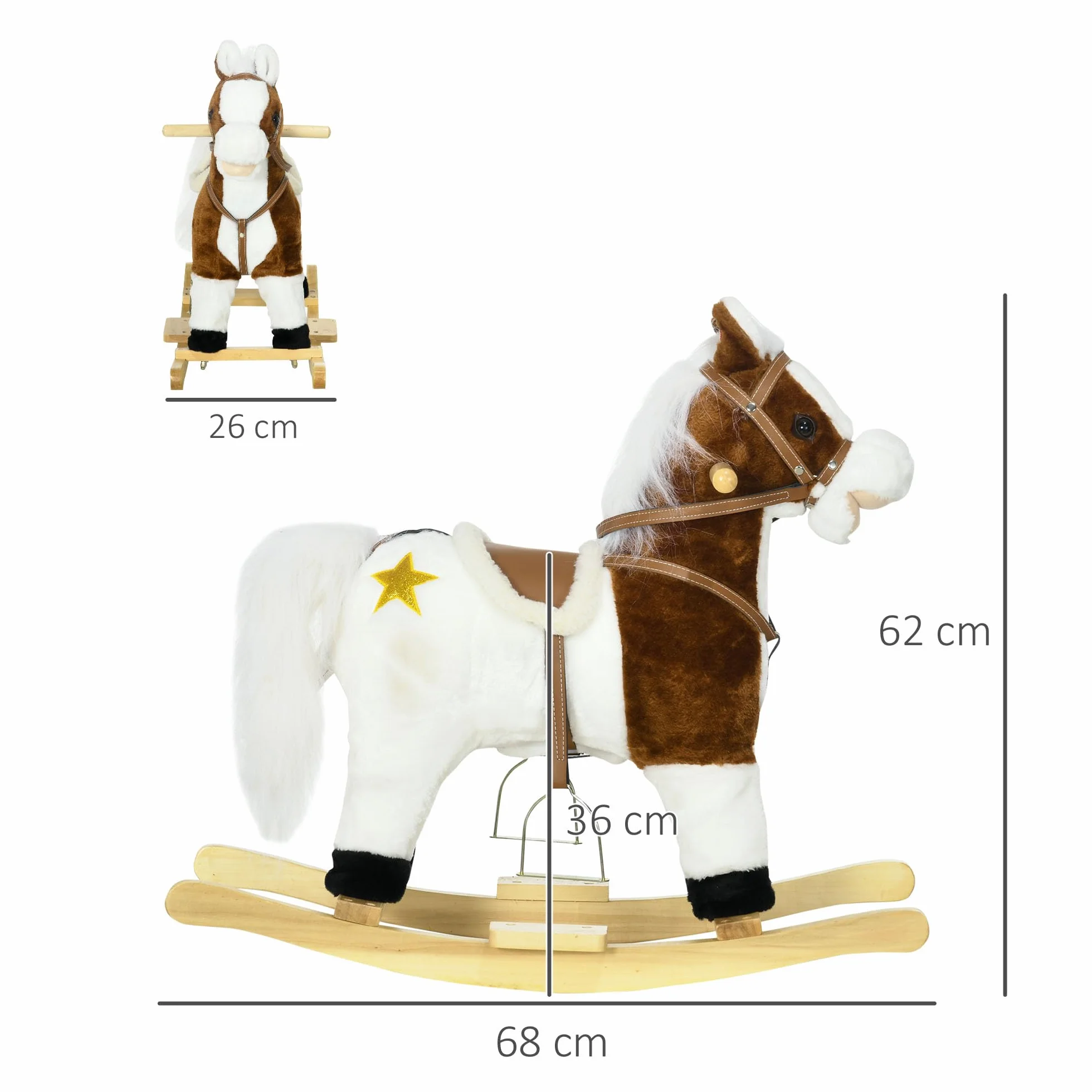 HOMCOM Cavallo a Dondolo per Bambini da 3-6 Anni, Gioco per Bambini Cavalcabile con Suoni in Peluche, 68x26x62cm, Marrone