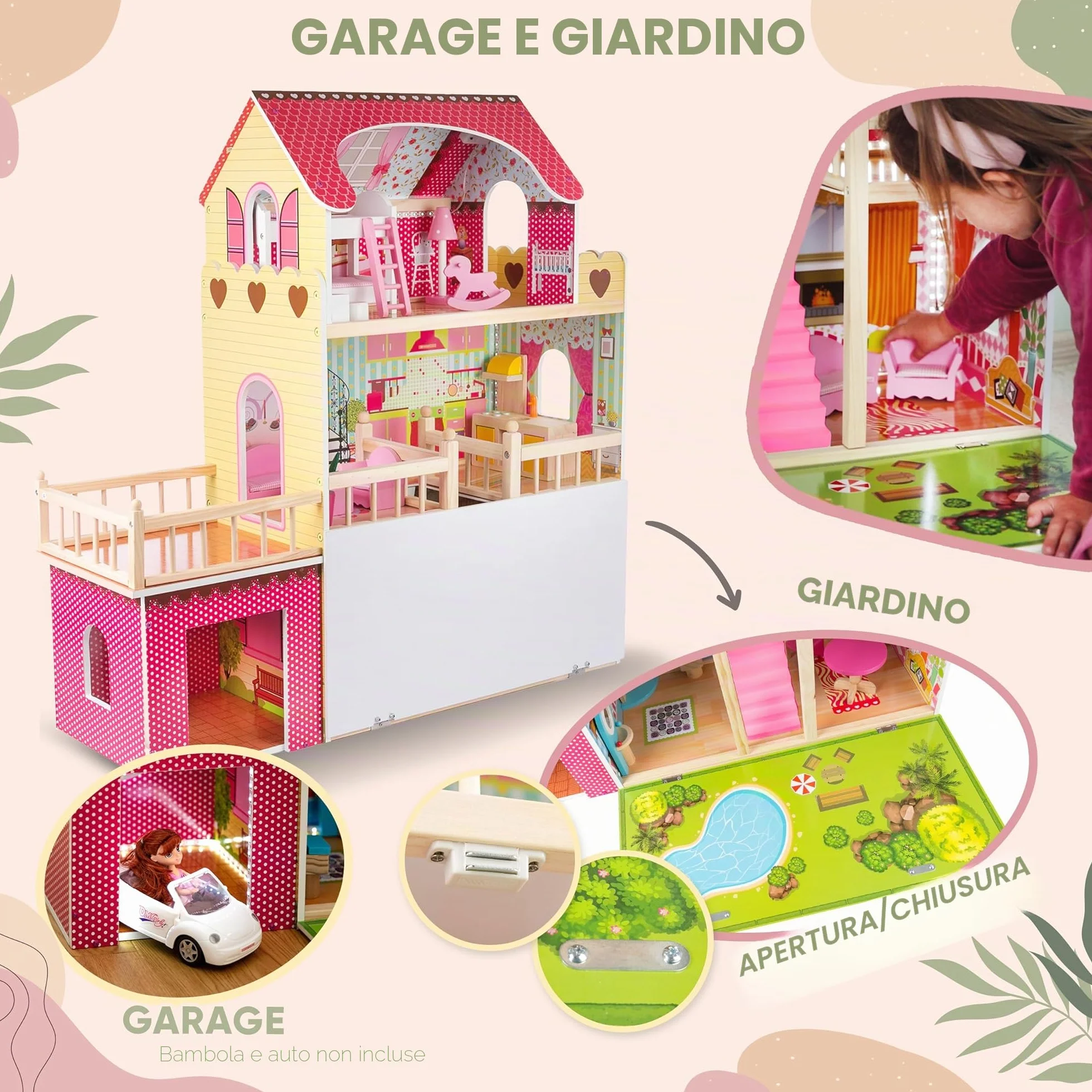 Kinderplay Green Series Casa delle Bambole in Legno – Villa a 3 Piani con LED, Giardino e Garage – Arredi Inclusi – 90x60x90 cm – Modello GS0020