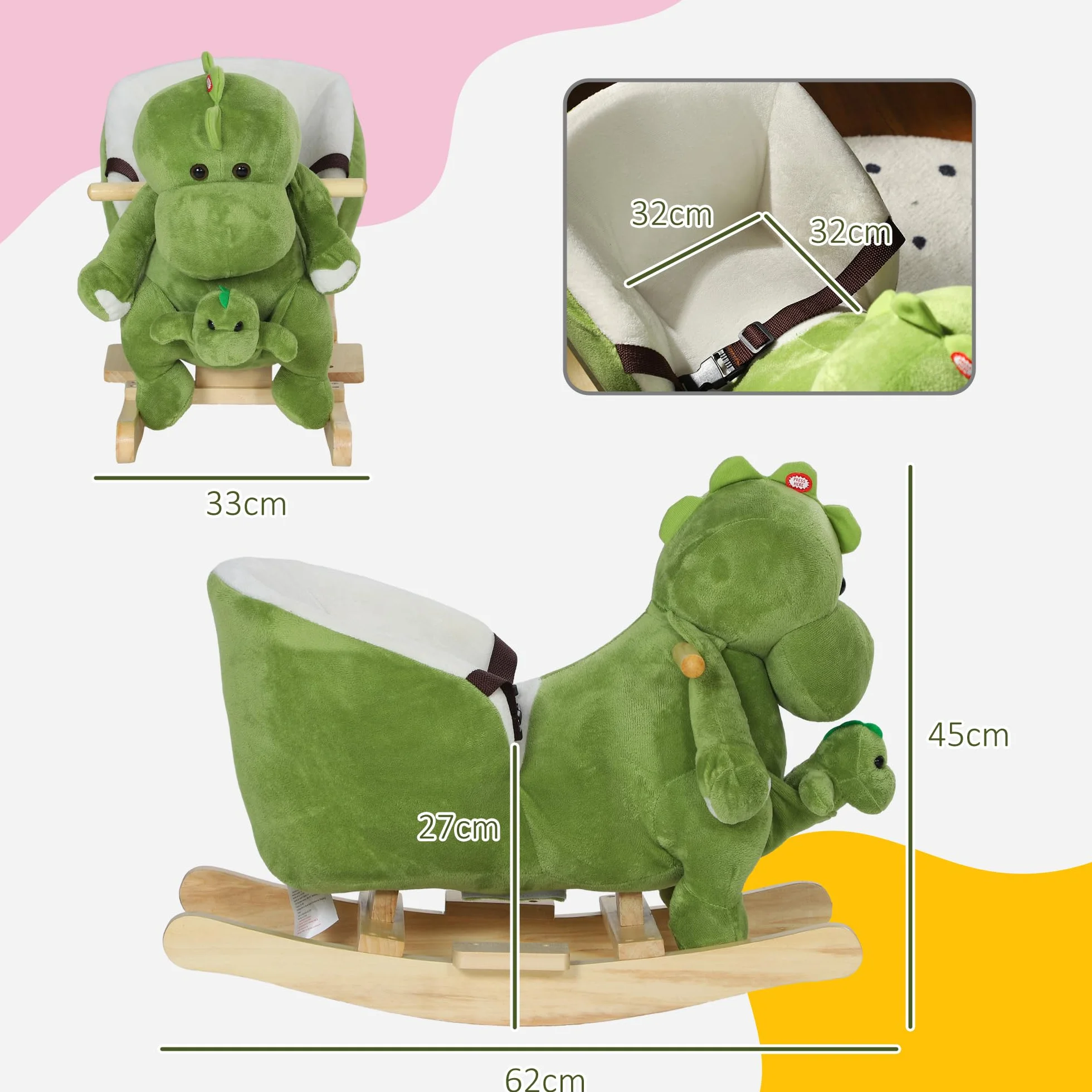 AIYAPLAY Cavallo a Dondolo per Bambini a Dinosauro con Marionetta, Cavallino Cavalcabile con Suoni e Rivestimento Morbido, Età 18-36 Mesi, Verde