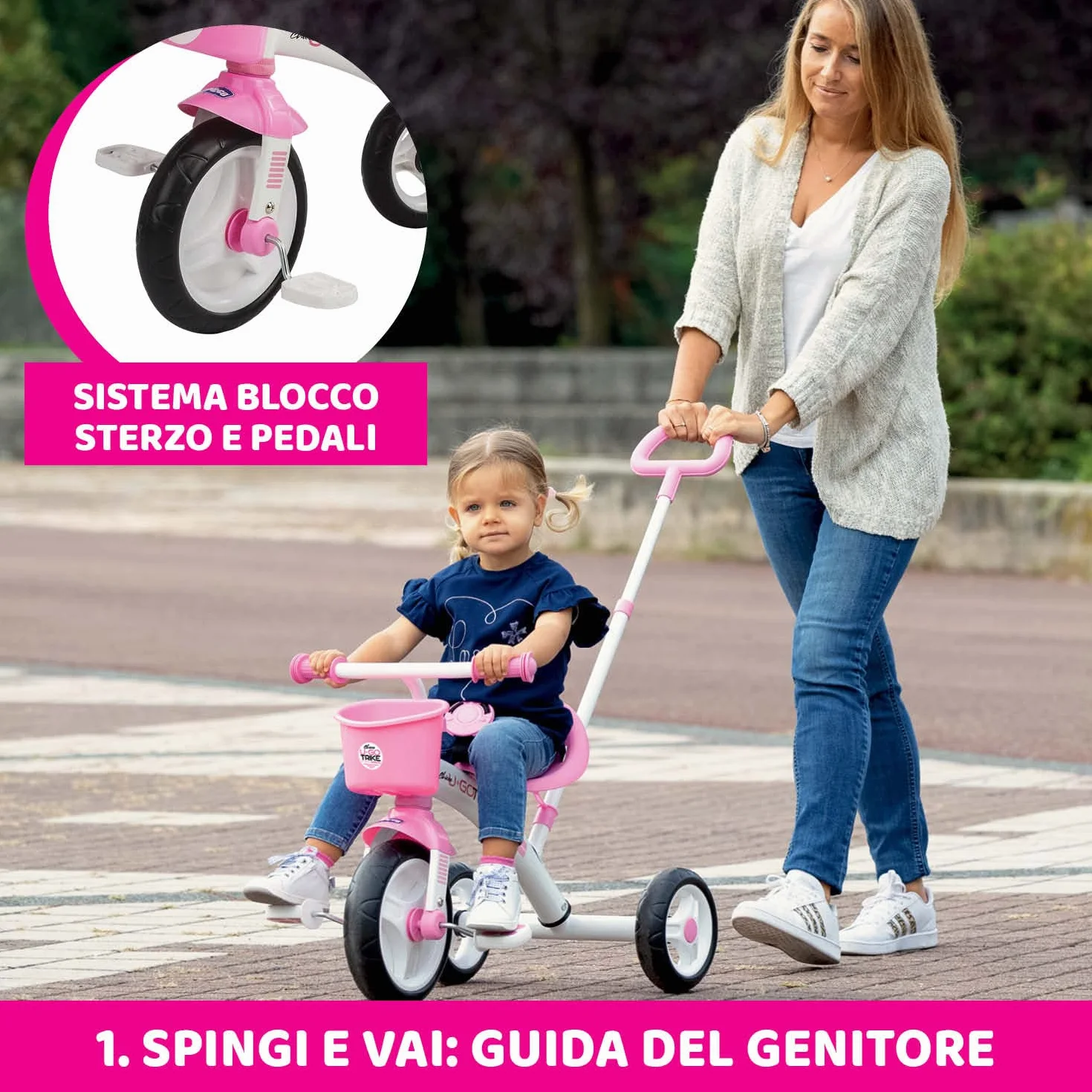 Chicco Triciclo Bambini U-Go 2in1, Triciclo Bimba e Bimbo con Maniglione ad Altezza Regolabile, Cinture di Sicurezza e Cestello Portaoggetti, Max 20 kg - Giochi per Bambini 18 Mesi - 5 Anni