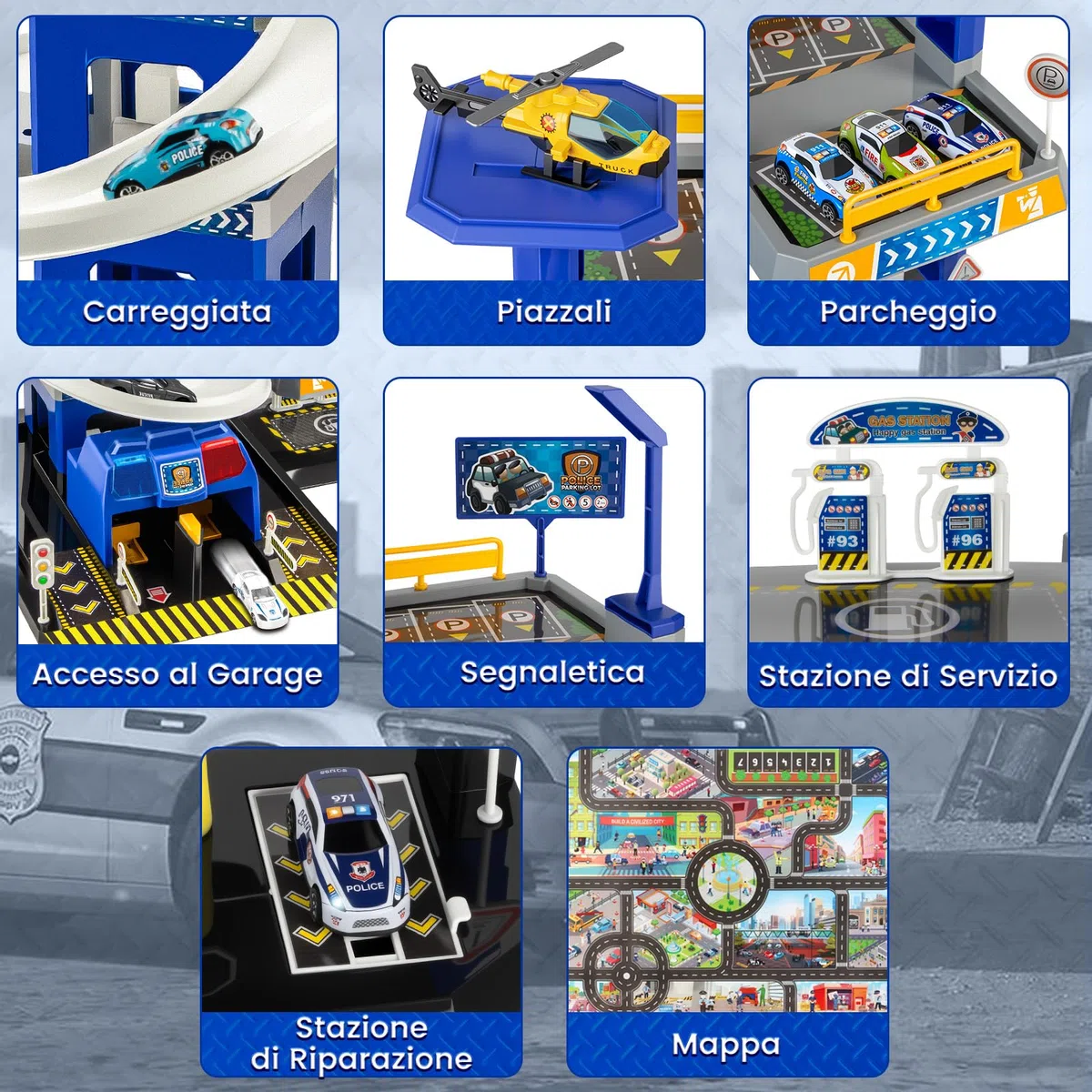 BuzzoXerex 5 Piani Garage Mmacchine per Bambini, Parcheggio Macchinine con 14 Autos e 2 Elicottero, Giocattolo Auto Garage con Ascensore e Rampe, Idea Regalo per Bambini 5 6 7 8 9 Anni (Polizia)