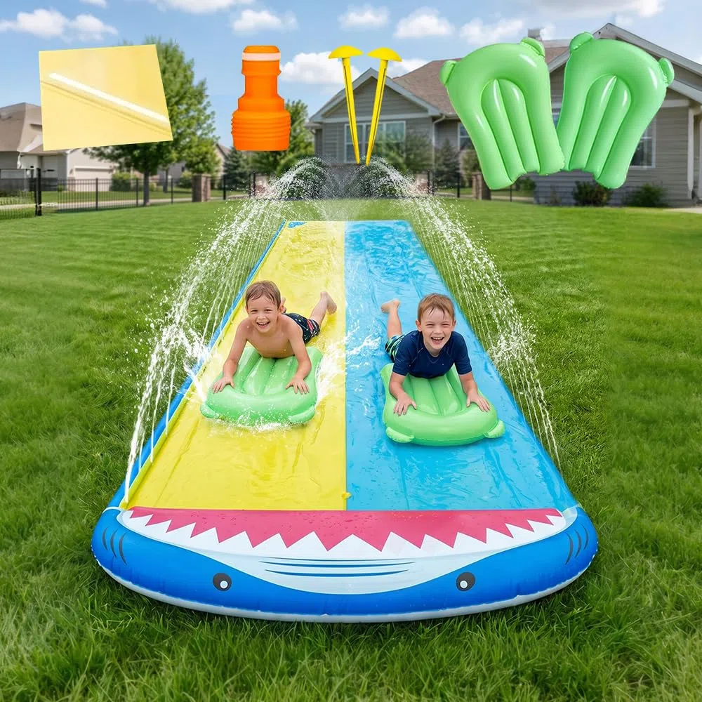 Scivolo Acquatico Giardino Doppio con 2 Bodyboards per Bambini e Adulti