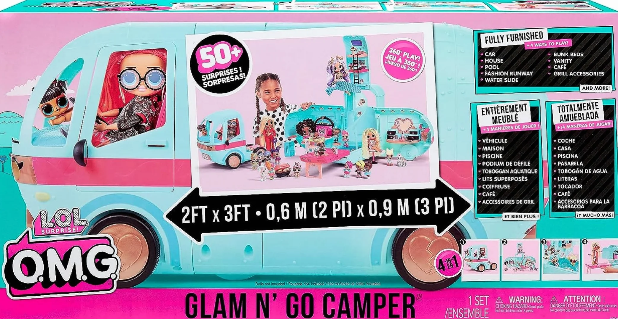 L.O.L. Surprise OMG Glam N' Go Camper Set da gioco con oltre 50 sorprese e gioco a 360°, arredato con piscina, scivolo d'acqua, letti a castello, vanity, barbecue, cabina DJ e altro ancora - Età 4+