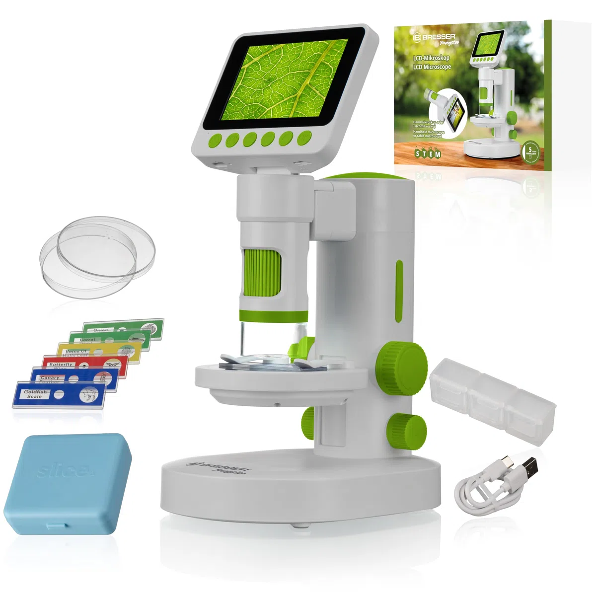 Bresser Youngster Microscopio digitale LCD per bambini, display da 3,5", ingrandimento 11,4x-129,8x, foto 4K, video Full HD, microscopio portatile e da tavolo, batteria
