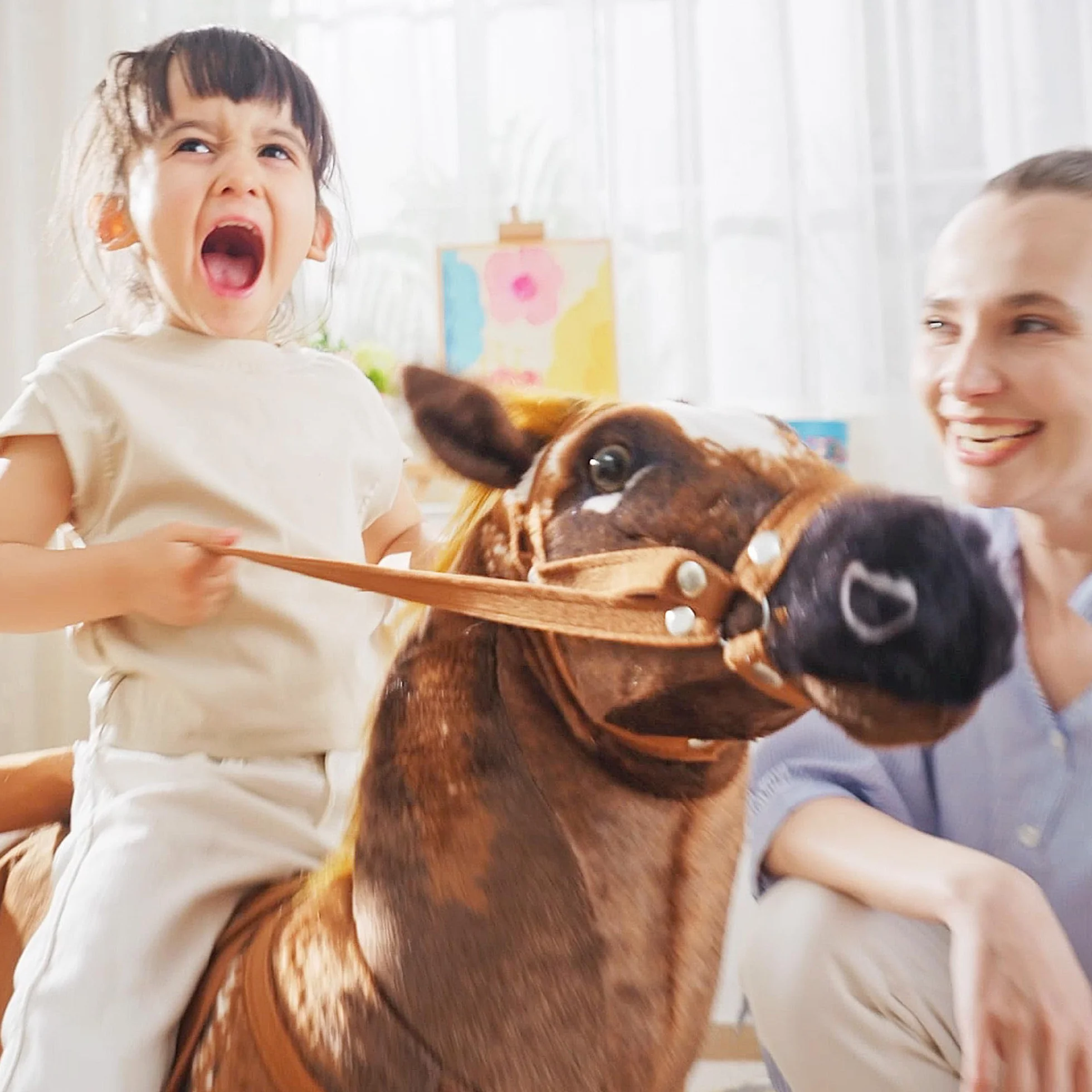 HOMCOM Cavallo a Dondolo per Bambini 2+ Anni con Nitrito Realistico, Sella e Staffe, Cavallo Giocattolo in Peluche e Metallo, 85x28x60 cm, Marrone