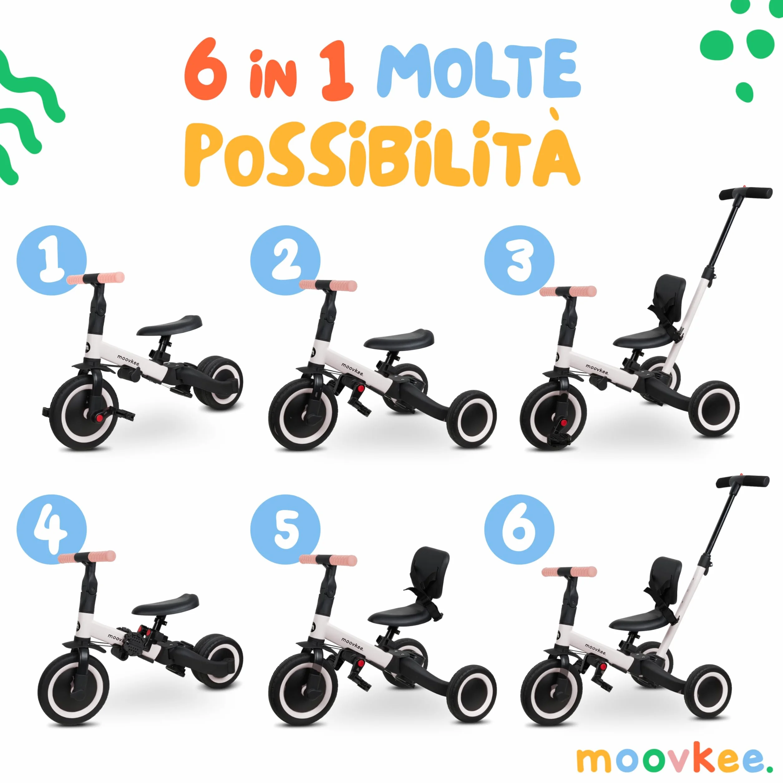 Triciclo Bambini Evolutivo 6 in 1 - Bicicletta Bambini da 1 a 5 Anni - Triciclo per Bambini fino 25 kg con Cintura, Sella Regolabile, con o Senza Pedali - Triciclo con Maniglione