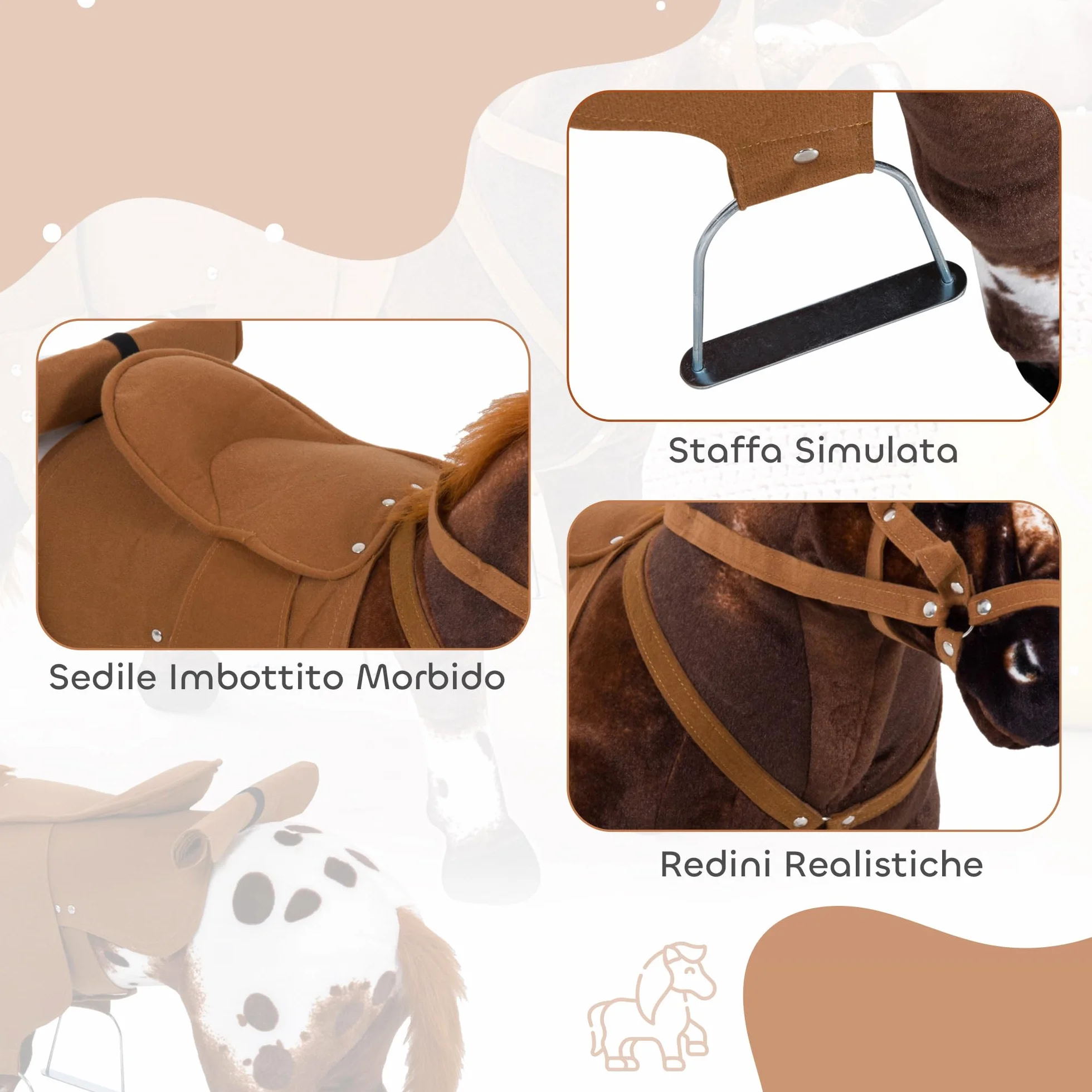 HOMCOM Cavallo a Dondolo per Bambini 2+ Anni con Nitrito Realistico, Sella e Staffe, Cavallo Giocattolo in Peluche e Metallo, 85x28x60 cm, Marrone