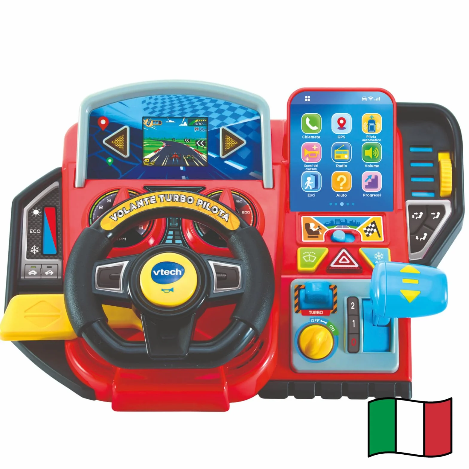 VTech Volante Turbo Pilota, Volante Bambini con Cruscotto Interattivo, Oltre 20 Giochi Educativi e 9 Circuiti, Schermo LCD, Clacson e Indicatore Direzione, Lingua Italiana, Batterie Incluse, 3-8 Anni