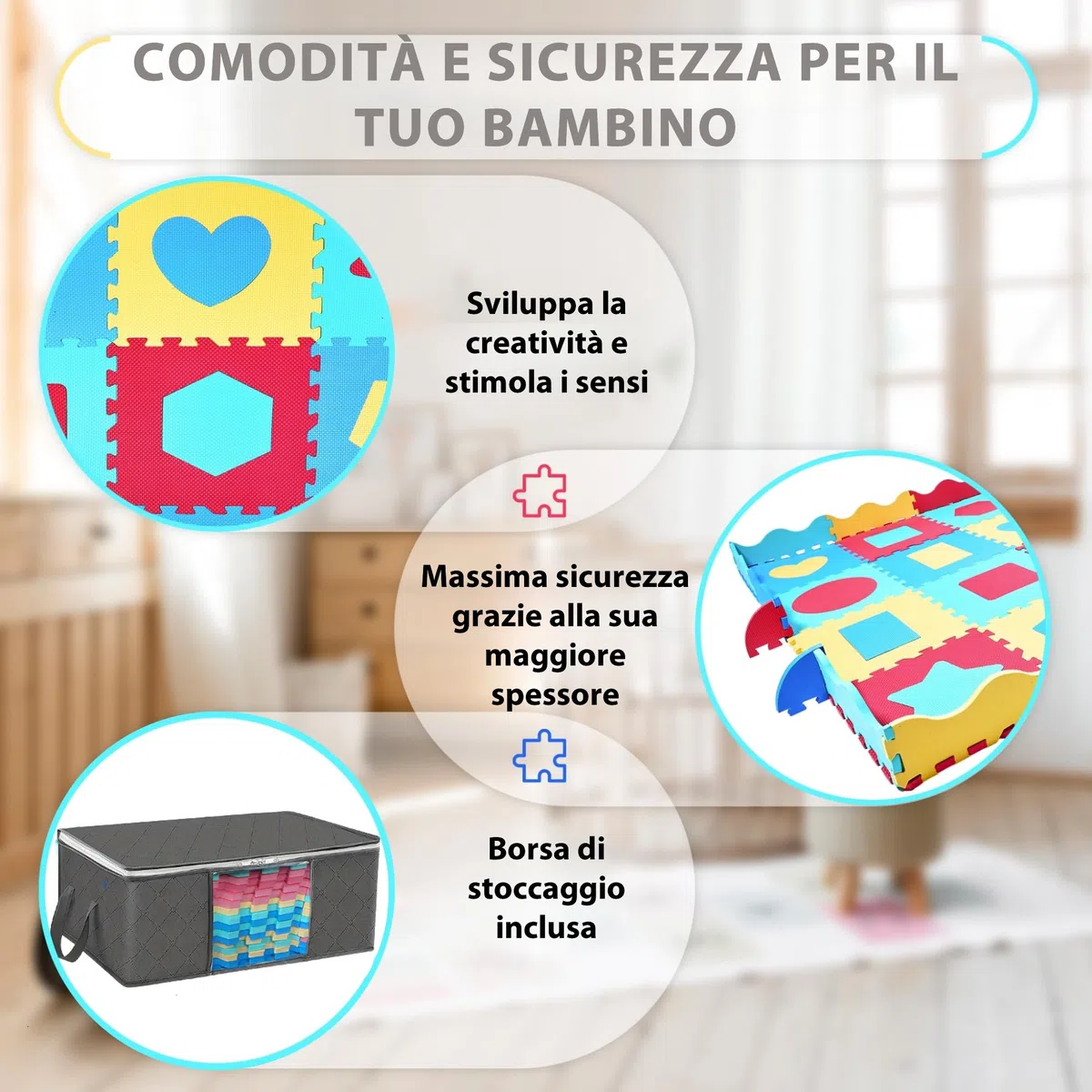 Tappeto Puzzle Bambini Schiuma EVA 140x140 cm con 36 Pezzi Antiscivolo