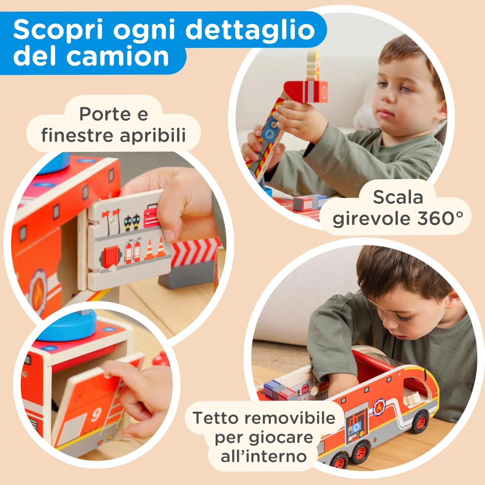 Nene Toys Camion dei Pompieri in Legno – Giocattolo Educativo Magnetico per Bambini 2+ Anni – Scala Girevole 360°, Tubi Magnetici, Idrante, Pompieri & Dalmata – Gioco Montessori FSC Regalo Perfetto