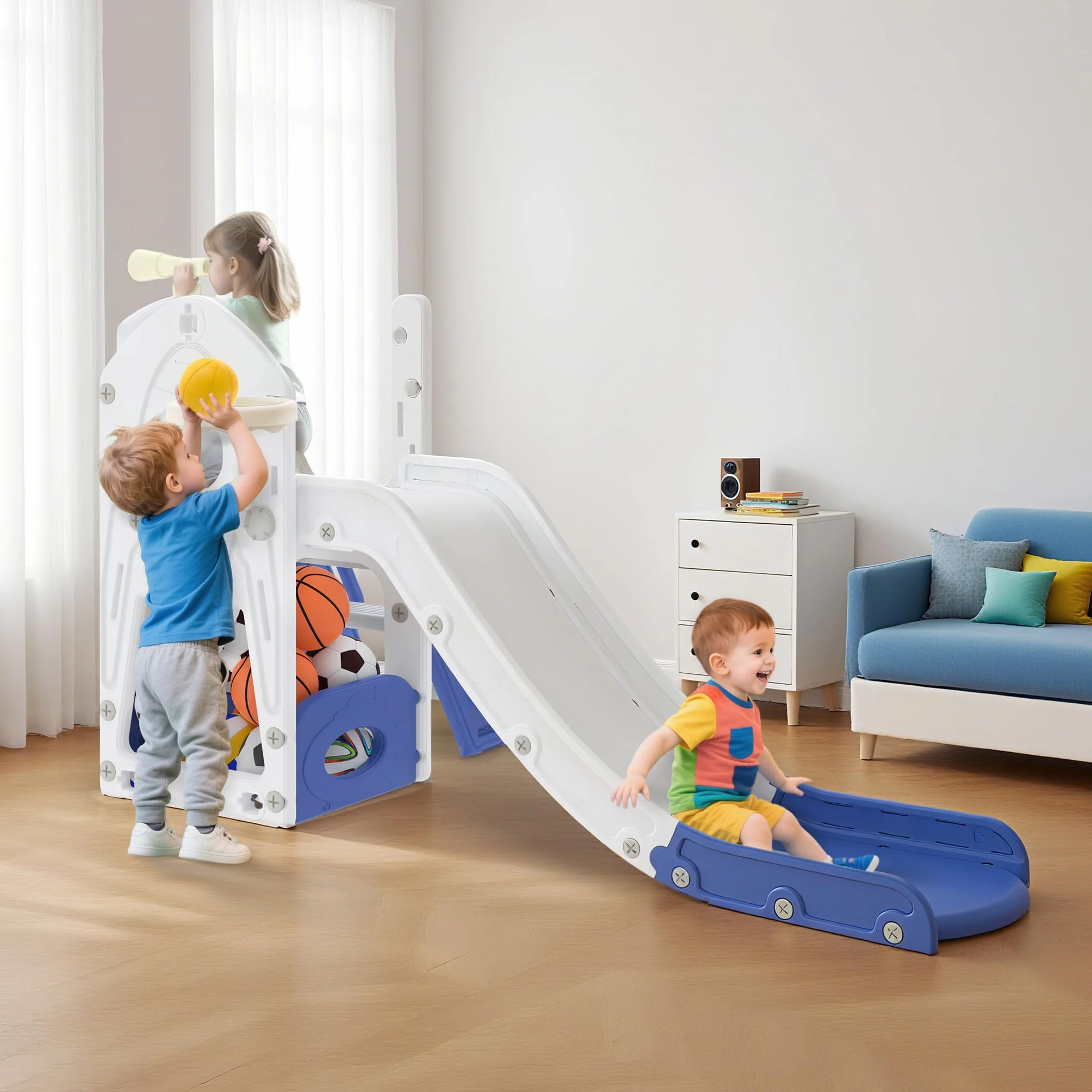 UISEBRT Scivolo per bambini con scaletta da arrampicata, spazio di archiviazione, cestino da basket e telescopio da gioco, scivolo per bambini in HDPE e PP, autoportante, per interni ed esterni, 5 in
