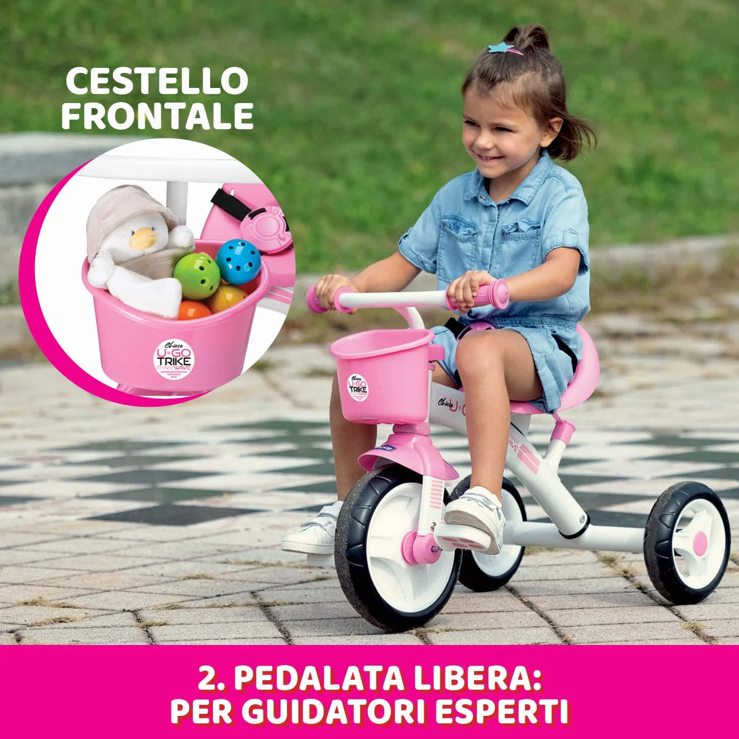 Chicco Triciclo Bambini U-Go 2in1, Triciclo Bimba e Bimbo con Maniglione ad Altezza Regolabile, Cinture di Sicurezza e Cestello Portaoggetti, Max 20 kg - Giochi per Bambini 18 Mesi - 5 Anni
