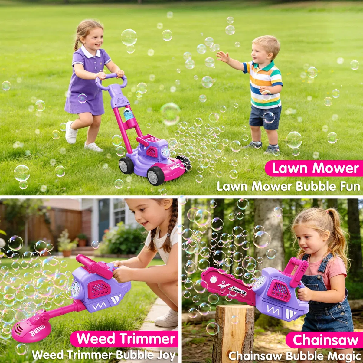 Tosaerba Spara Bolle per Bambini, Macchina per Bolle 3-in-1 con 10 Soluzioni, Giochi all'Aperto per Bambini 3-8 Anni, Regalo di Compleanno Pasqua Estate per Ragazzi e Ragazze 3 4 5 6 7 8 Anni