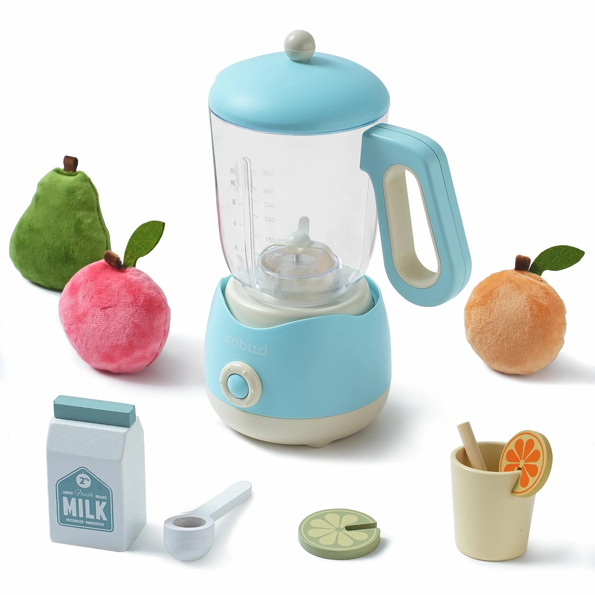 ROBUD Spremiagrumi giocattolo con luce e suono, accessorio da cucina con frutta, latte, bicchieri, adatto per bambini dai 3 anni in su