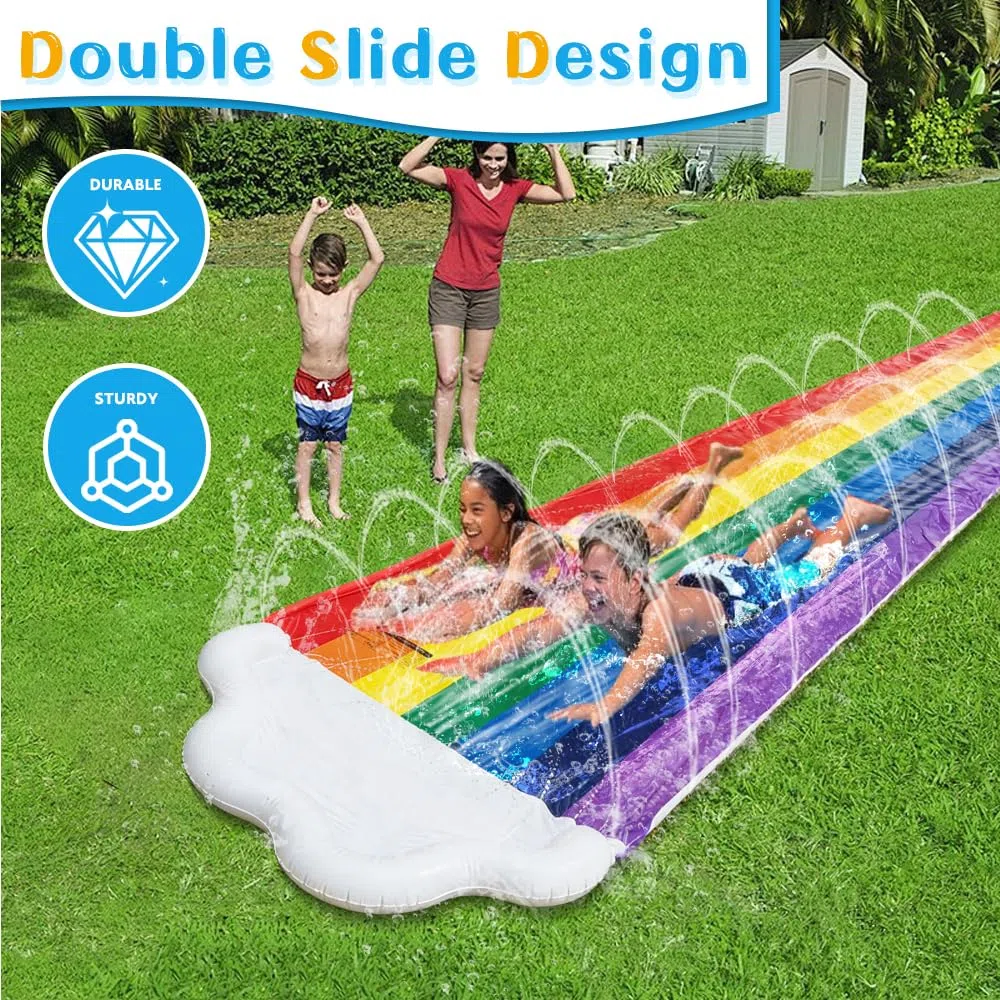 Pista Scivolo Acqua Doppio da Giardino 480x140CM con Irrigatore e 2 Tavole Gonfiabili per Festa Estiva