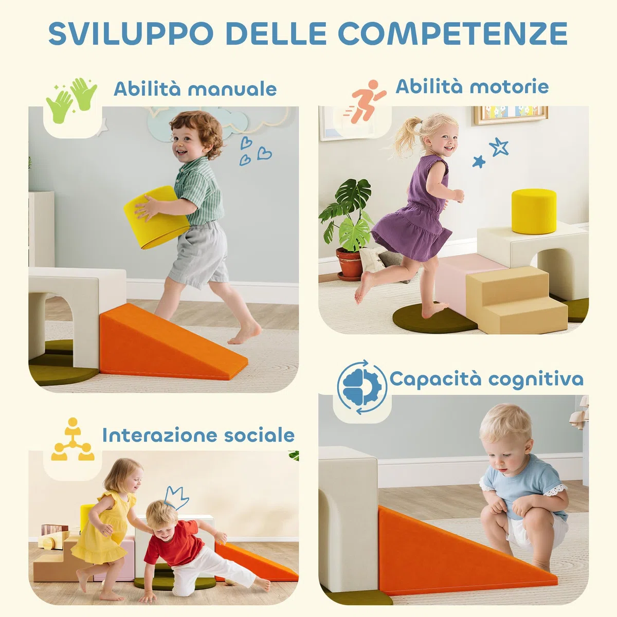AIYAPLAY Set 8 Costruzioni Morbide per Bambini 0-3 Anni in Velluto e Schiuma PU Arancione