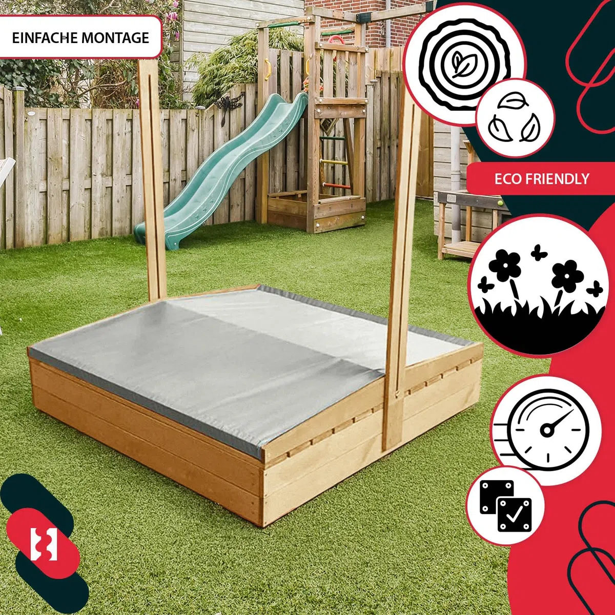 KOTARBAU® Sabbiera per Bambini - Legno di Pino - 140 x 140 cm - Naturale - Sabbiera con Coperchio - con Tetto Grigio e Sedute - da Esterno Giardino - Protezione Sole Pioggia
