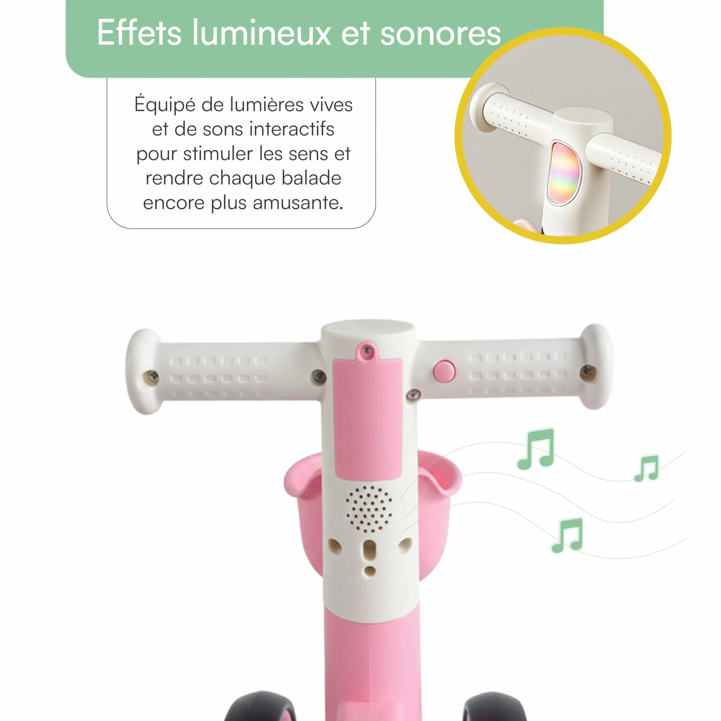 Baroni Toys Bici Senza Pedali Rosa a 4 Ruote per Bambini dai 3 Anni, Primi Passi con Luci e Suoni, Cestino Portaoggetti, Balanced Bike, Ideale per Sviluppo Motorio e Coordinazione, 55x22x42cm