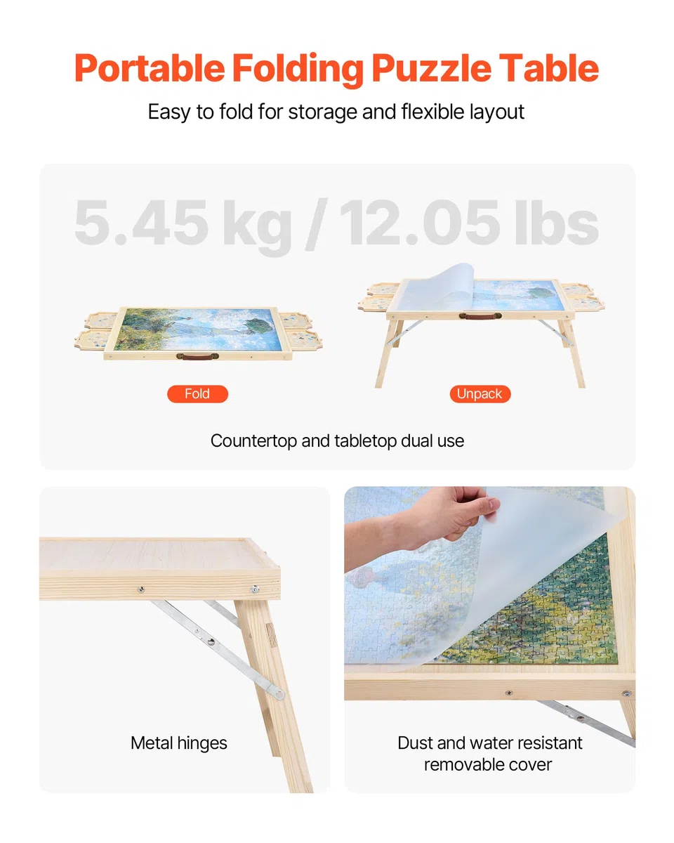 VEVOR Tavolo da Puzzle Pieghevole da 1500 Pezzi con Gambe Pieghevoli, 4 Cassetti e Coperchio, Set da Tavolo per Puzzle Standard in Legno 865 x 635 mm per Adulti, Facile da Riporre