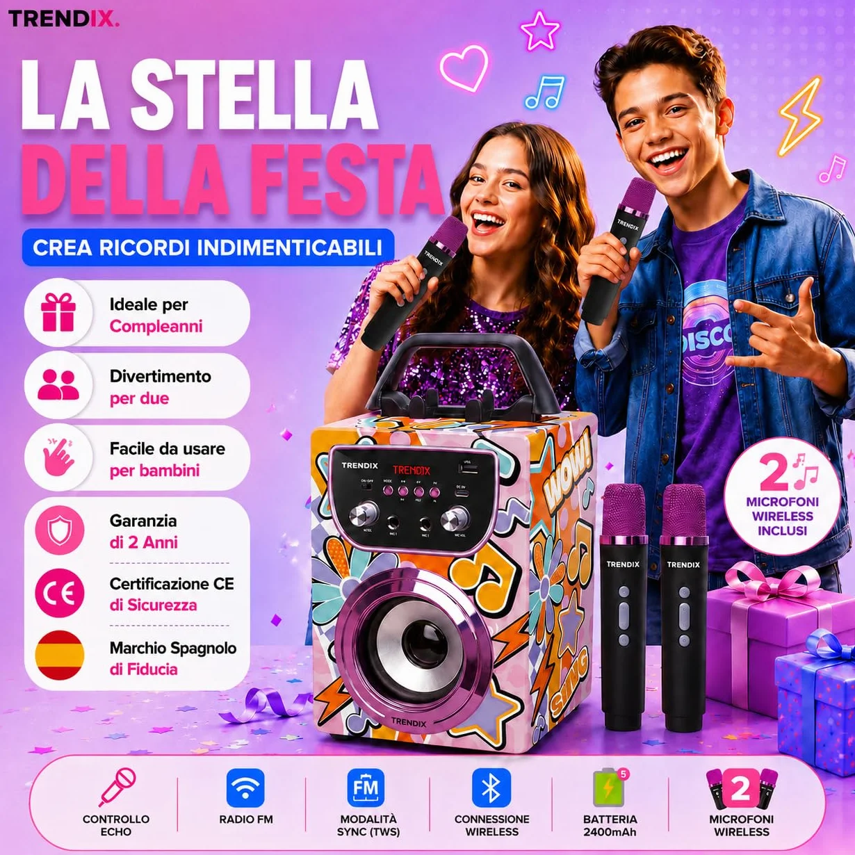 Trendix - Karaoke Per Bambini Magic Melody | Cassa Bluetooth Con Microfono, Radio Fm, Usb | Cassa Karaoke Con 2 Microfoni | 2 Microfoni Bluetooth | Regalo