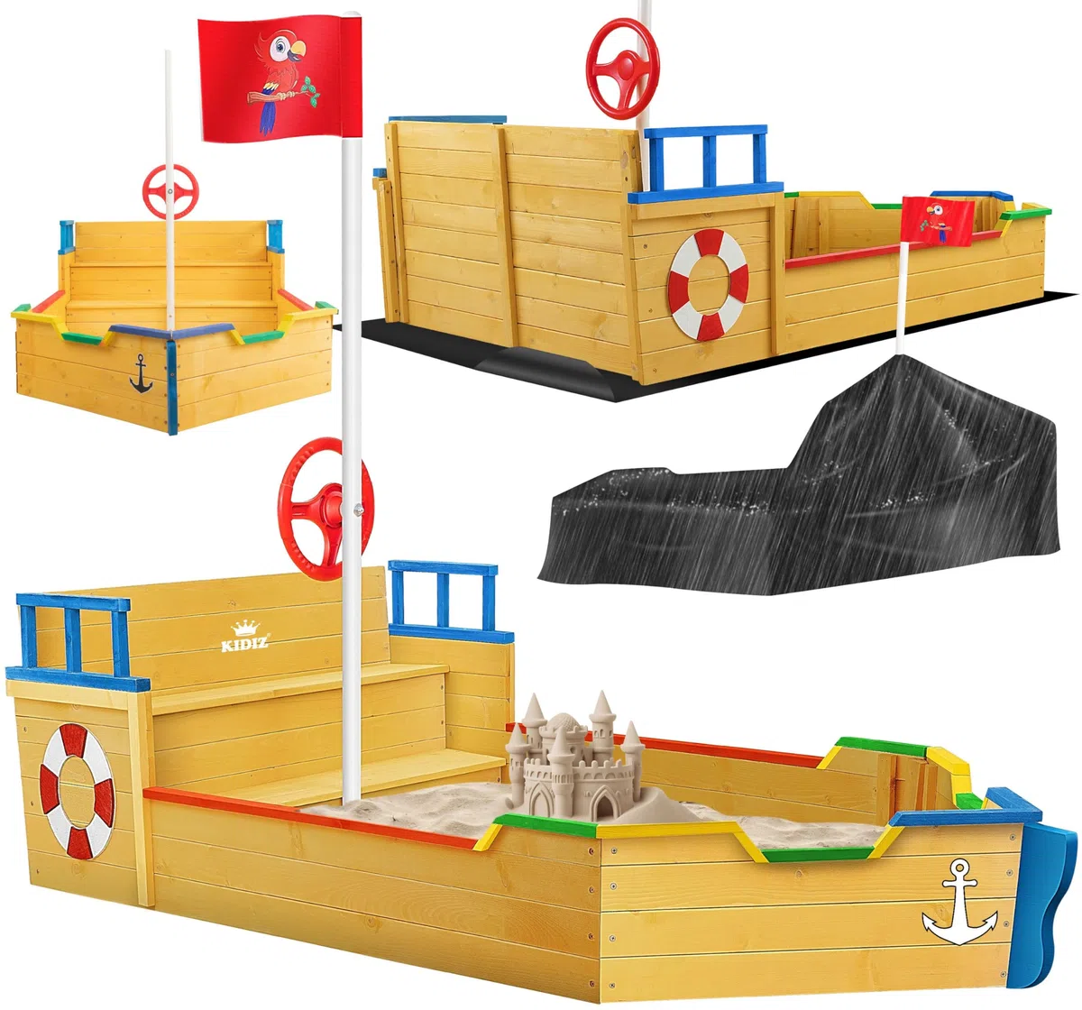 KIDIZ® Sabbiera per bambini Ahoy - nave pirata - barca giocattolo - barca a vela in legno - incl. copertura protettiva, colorato