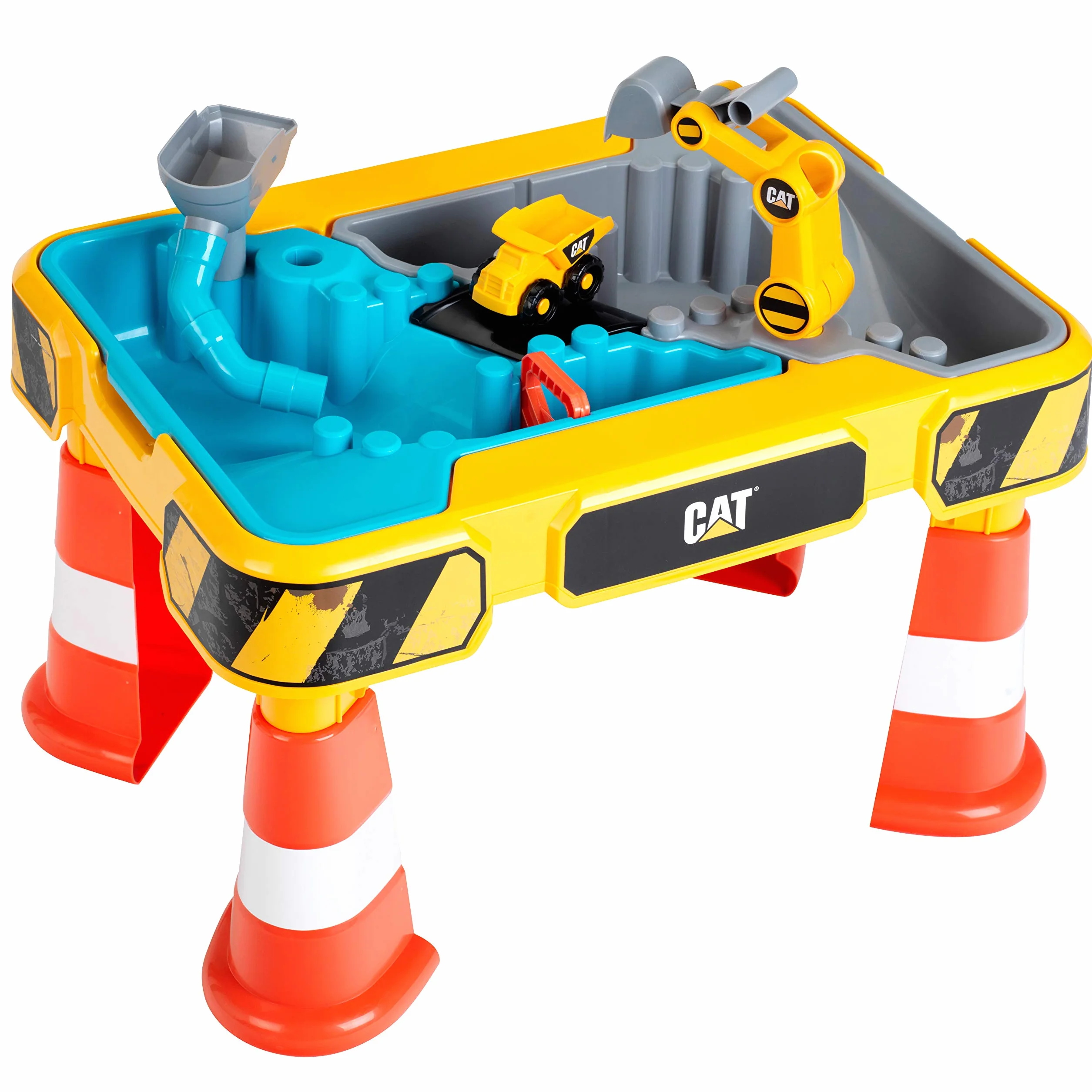 Theo Klein Tavolo da Gioco Sabbia e Acqua Caterpillar con Escavatore, Ribaltabile, 2 Tubi, Stopper e vasche Estraibili Dimensioni 64 cm x 48 cm x 40 cm Giocattolo per Bambini a Partire dai 18 Mesi