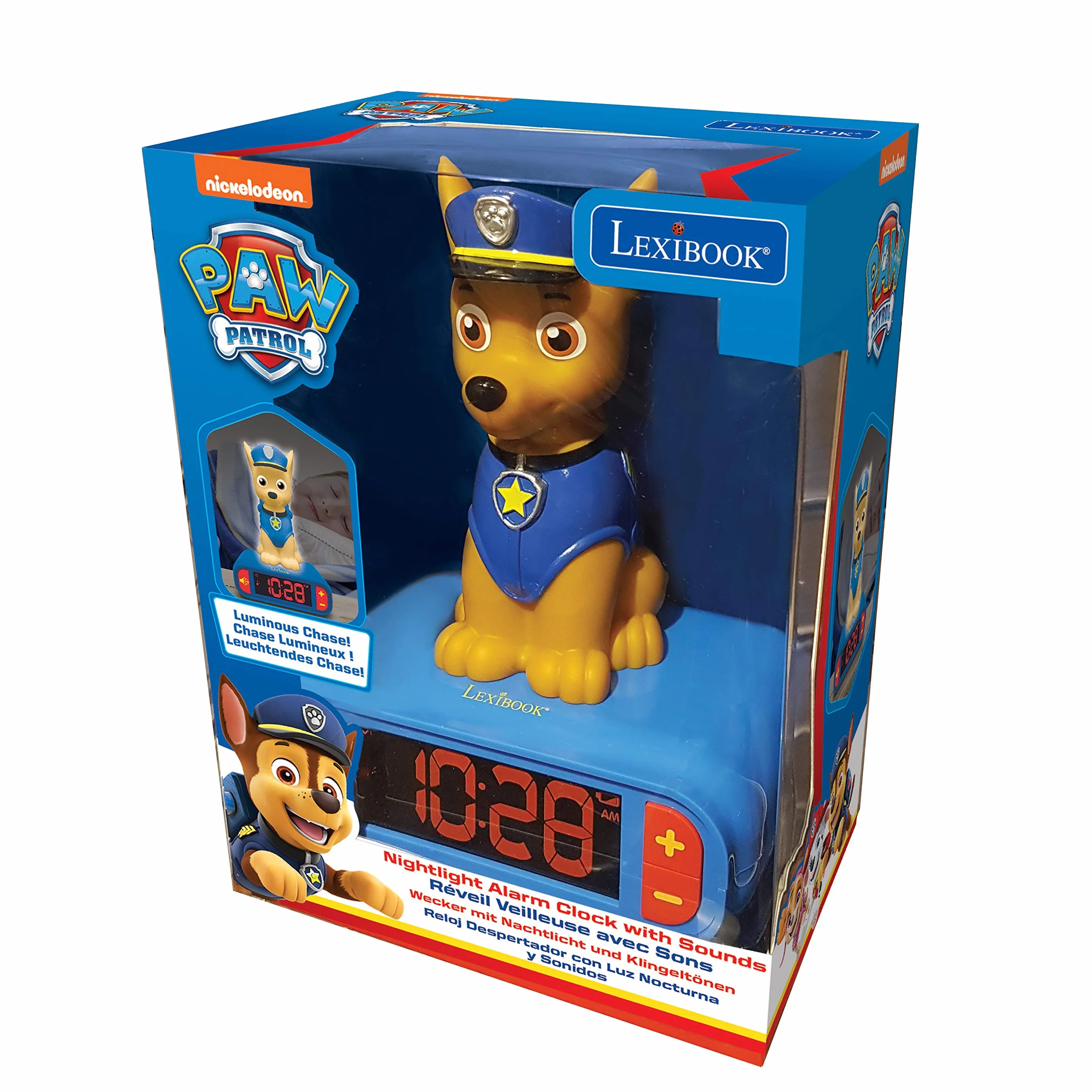 Lexibook - La Squadra dei Cuccioli Sveglia Digitale con Luce Notturna Snooze e Suoni, Orologio, Chase Luminoso Paw Patrol Marshall Cane - Blu/Rosso - RL800PALXB