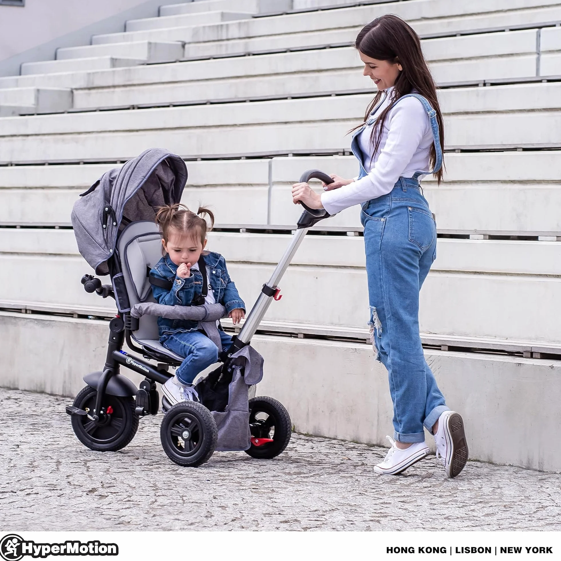 HyperMotion Passeggino Triciclo Evolutivo per Bambini 12 Mesi - 5 Anni, Bicicletta con Sedile Girevole e Ruote Gonfiabili, Portata 25 kg, Pieghevole con Parapioggia, Ideale per Parco e Giardino - Grey