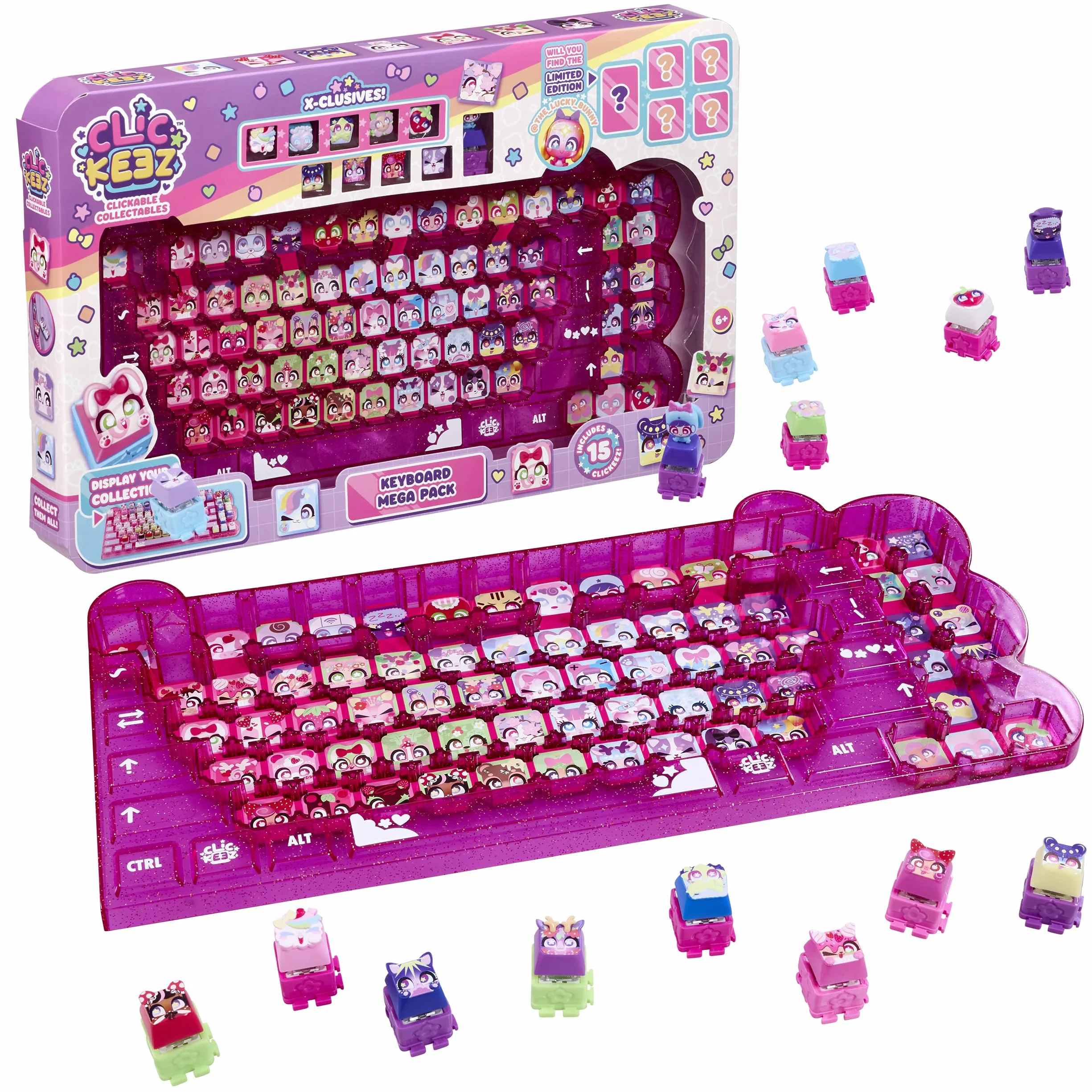 Goliath - CLICKEEZ KeyBoard MegaPack - 1 tastiera + 15 Tasti Kawaii + 1 portachiavi - Keycaps da cliccare - 70 personaggi da collezione - ASMR Fidget Toy - Idea regalo dai 6 anni in su