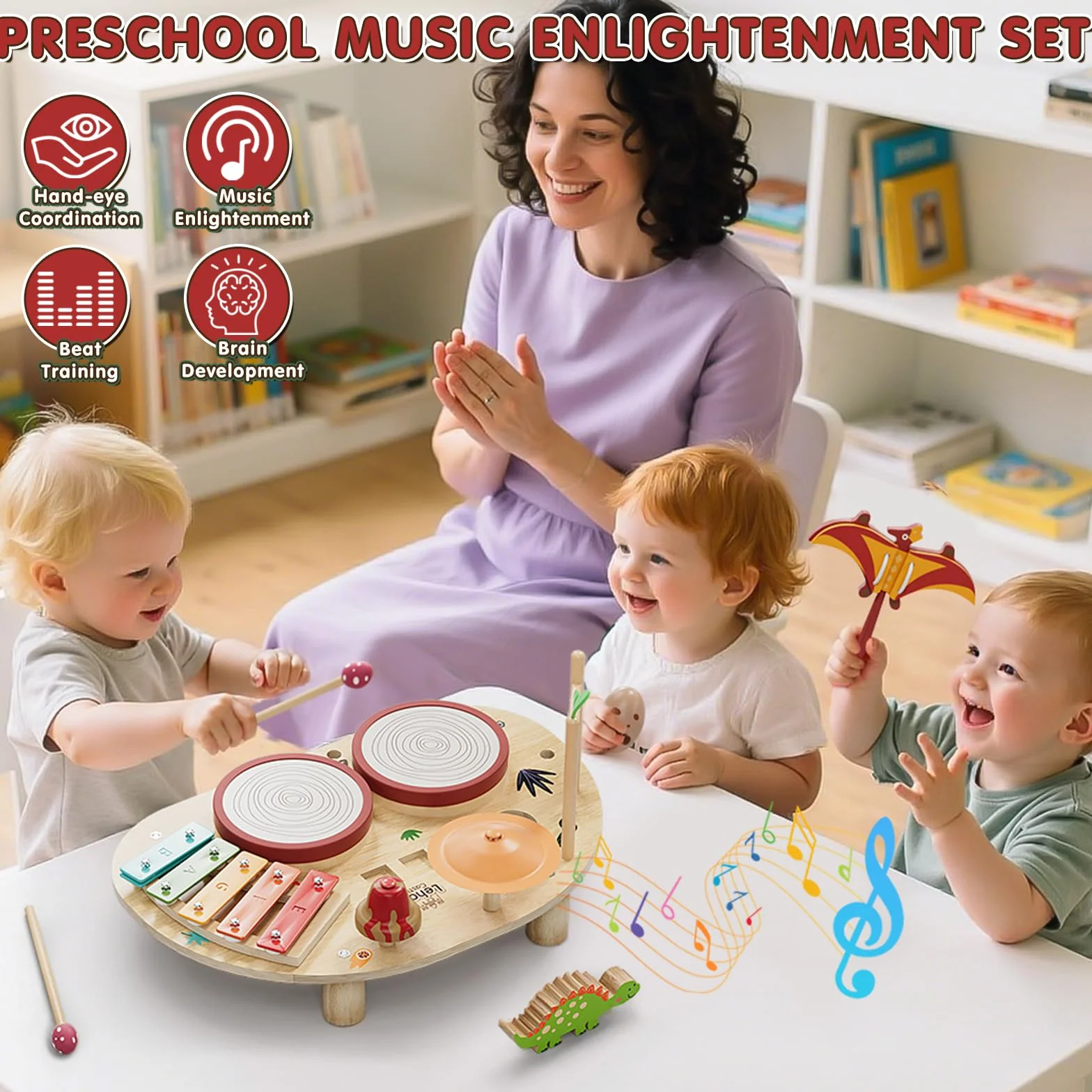 Lehoo Castle 9 in 1 Giochi Legno Montessori Strumenti Musicali, 9 in 1 Bambini Tamburi Set con Xilofono Batteria, Gioco 2 3 4 Anni, Educativi Interattivo Regalo