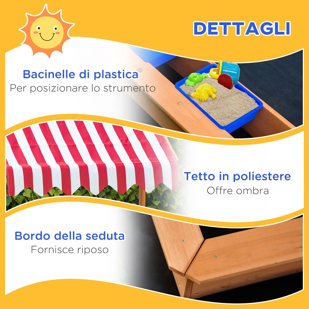 Outsunny Sabbiera per Bambini in Legno con Tettuccio Regolabile in Altezza, Gioco da Giardino con Sedute sui Bordi e Vaschette, 107.5x107.5x100cm
