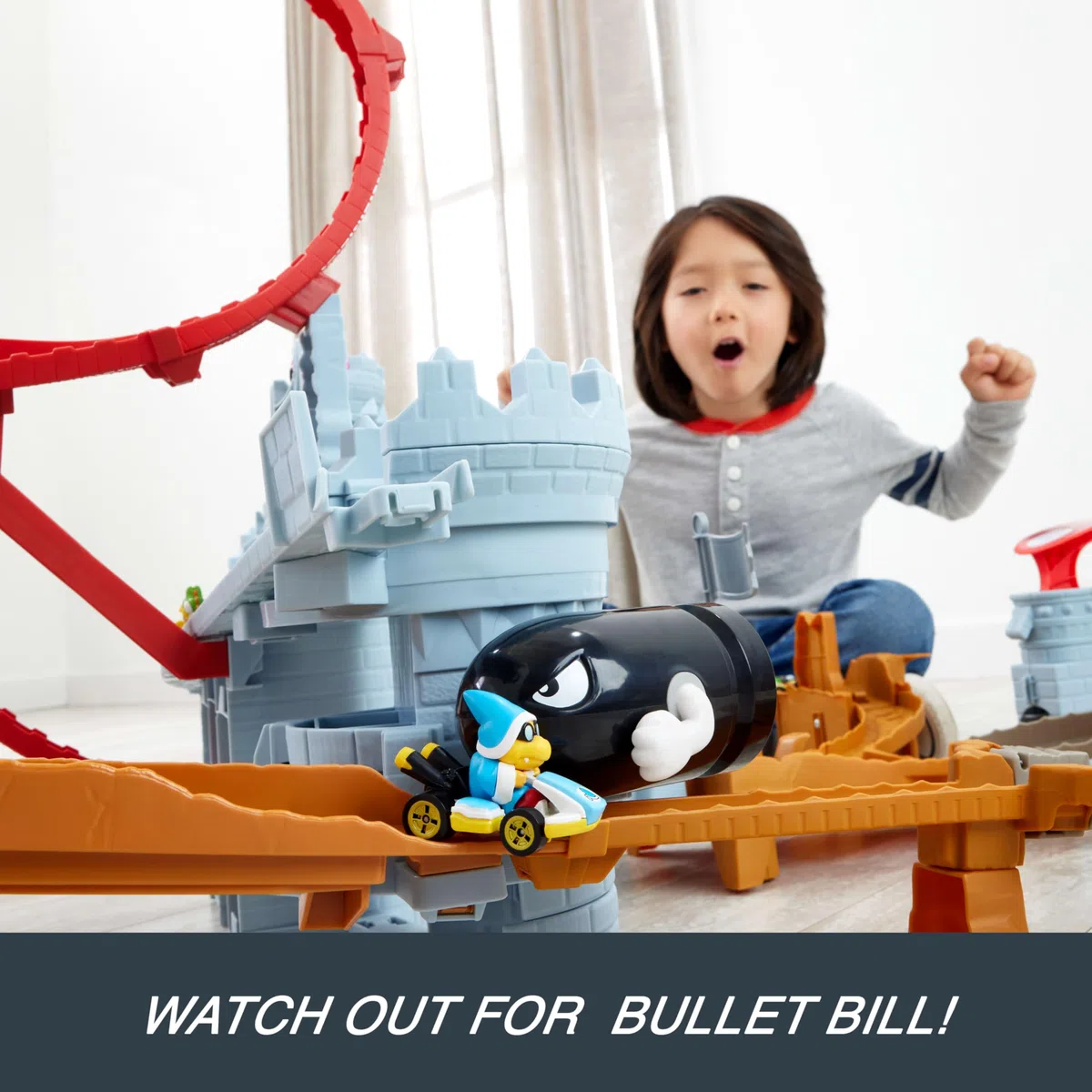 Hot Wheels Mario Kart - Castello di Bowser, set interattivo con lanciatore e macchinina Kamek inclusa, può contenere oltrre 30 veicoli, giocattolo per bambini, 5+ anni, JHD24