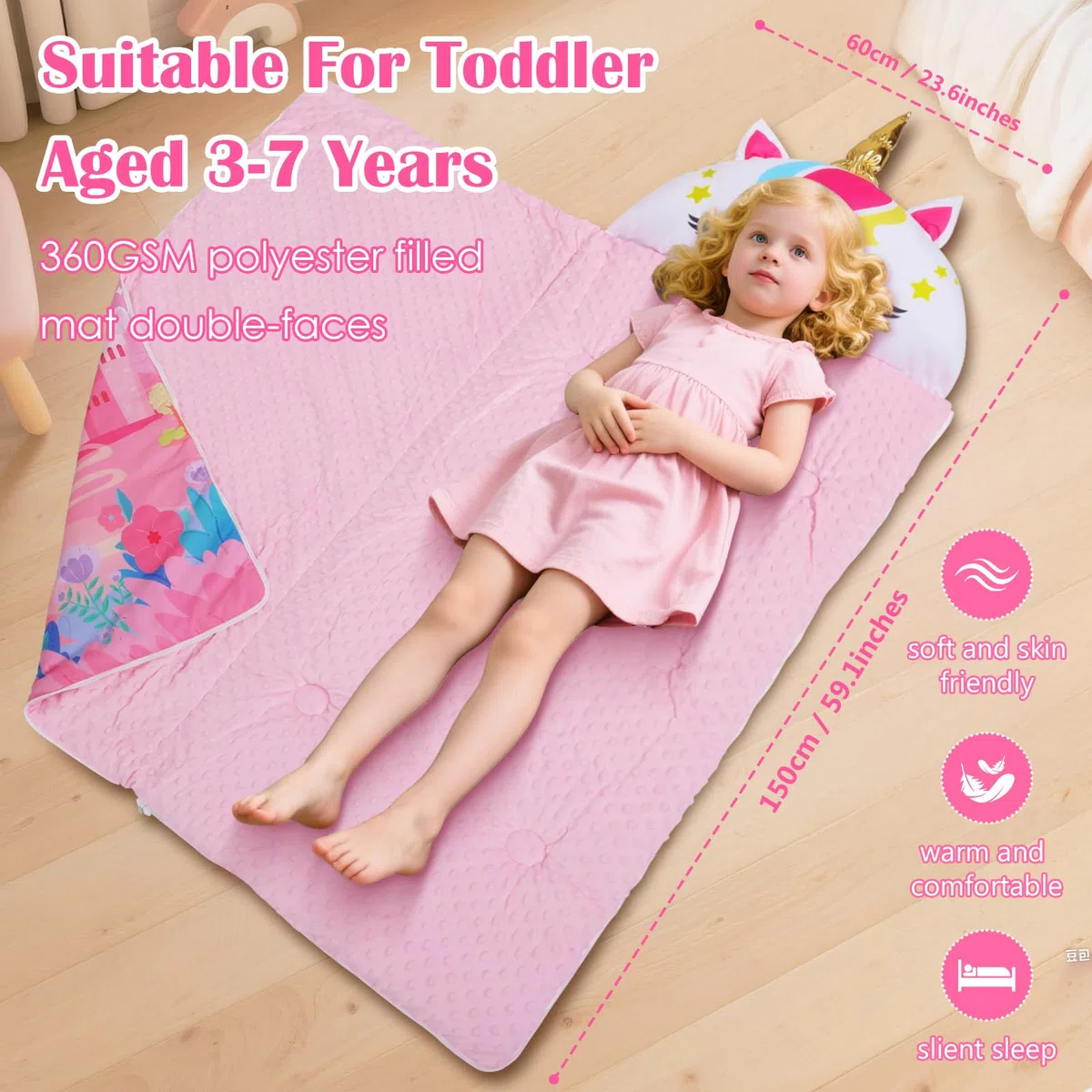 Decalsweet Nap Mat Caldo per Bambini con Rimovibile Cuscino, Sacco a Pelo Pieghevole per Ragazze Ragazzi, Nap Mats con Doppia Cerniera per Campeggio, Scuola Materna e Asilo, 150×60cm