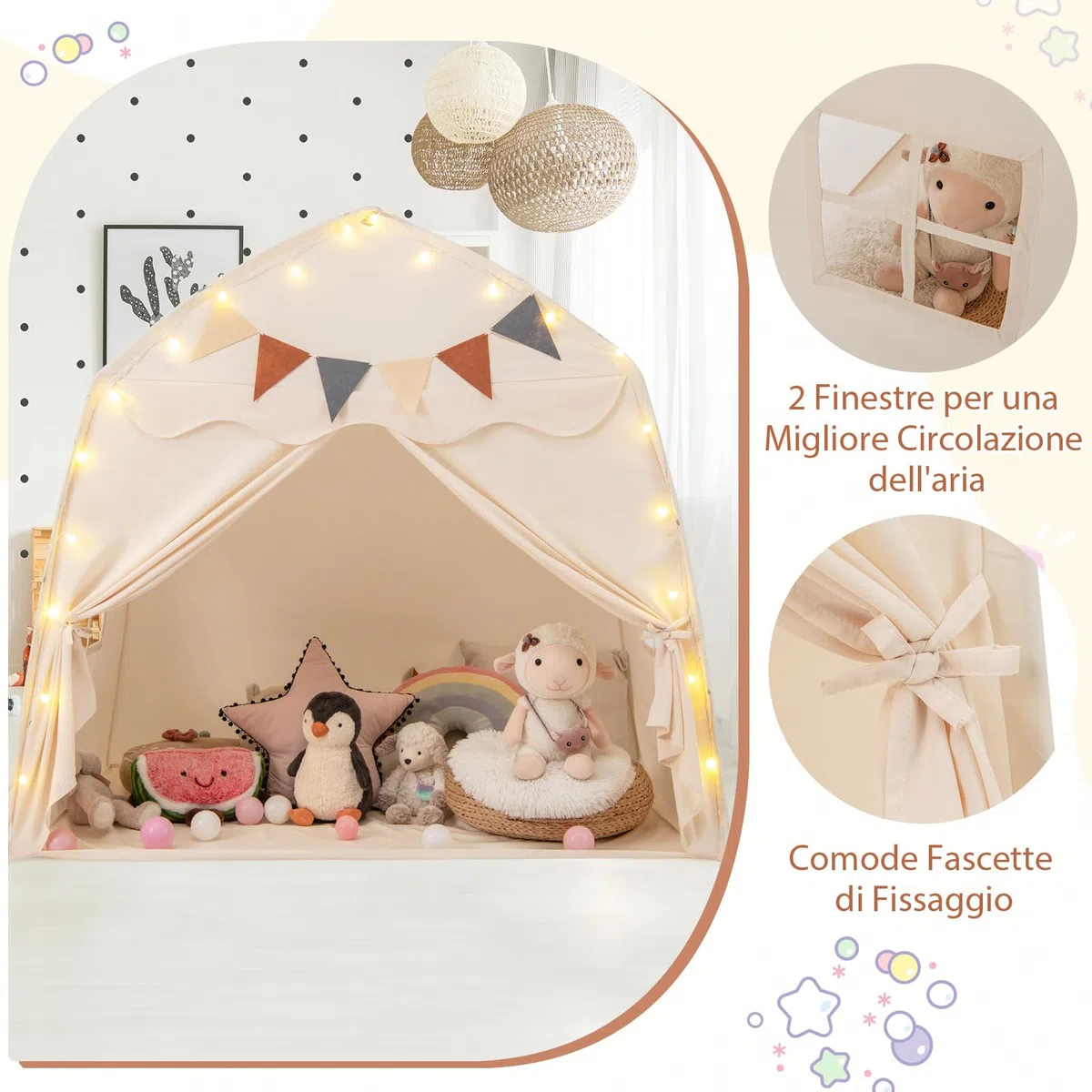COSTWAY Tenda per Bambini con Luci Fatate, Casetta da Gioco Portatile 157x98x148 cm Beige