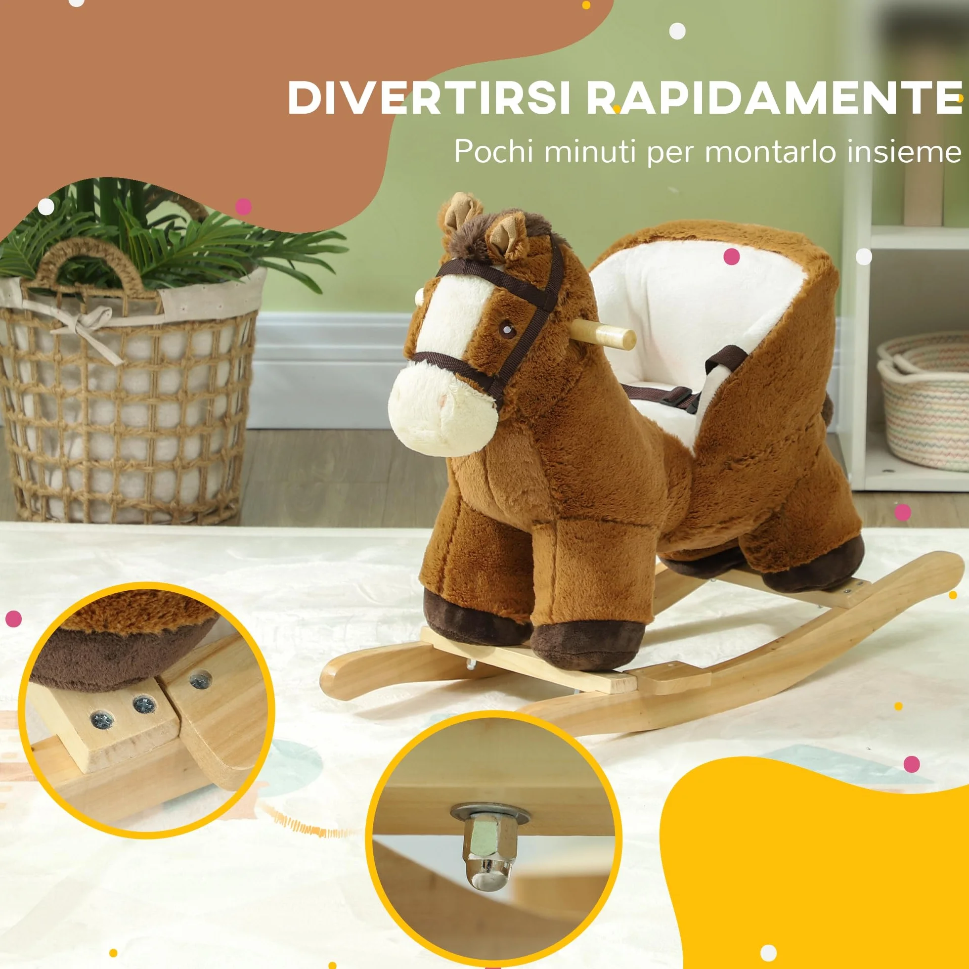AIYAPLAY Cavallo a Dondolo per Bambini 18-36 Mesi, Cavallino in Peluche con Suoni, Base in Legno e Cintura di Sicurezza, Marrone