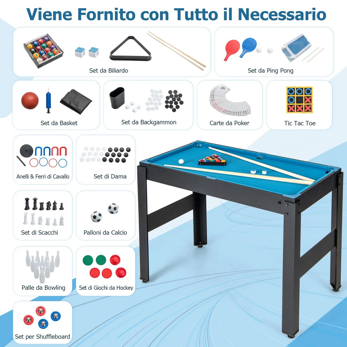 GYMAX Tavolo da Gioco 14-in-1, Combo Tavolo da Gioco con Basket, Biliardo, Calcetto, Ping Pong, Hockey, Shuffleboard, Bowling, Scacchi, Dama, Backgammon, Tris per Feste, Sala Giochi