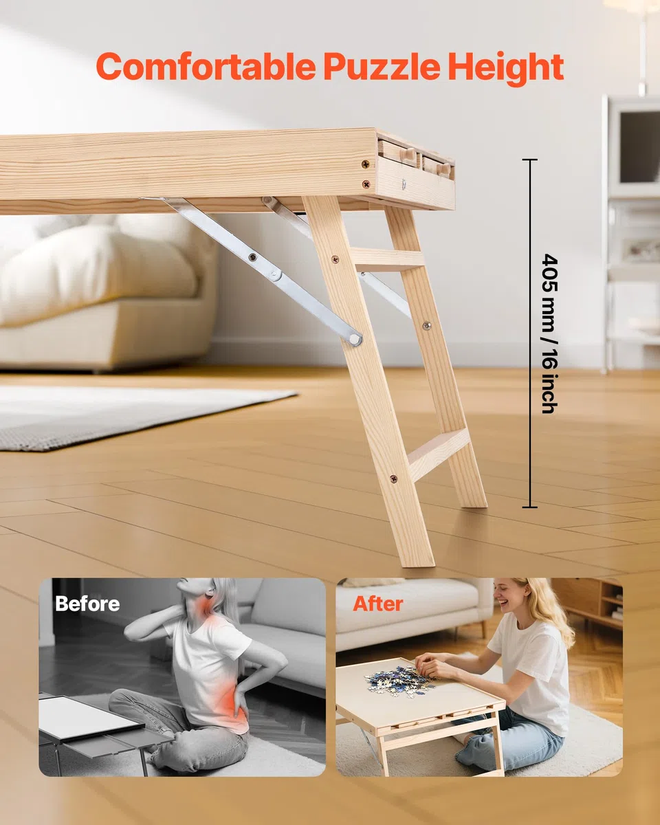 VEVOR Tavolo da Puzzle Pieghevole da 1500 Pezzi con Gambe Pieghevoli, 4 Cassetti e Coperchio, Set da Tavolo per Puzzle Standard in Legno 865 x 635 mm per Adulti, Facile da Riporre