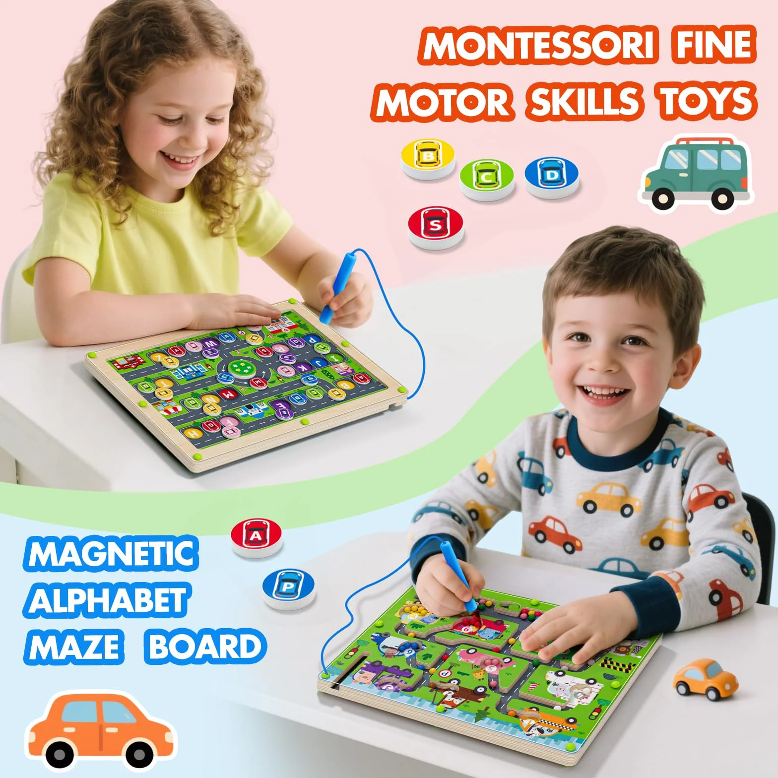 Puzzle magnetico 2 in 1 con numeri auto, labirinto magnetico, alfabeto, puzzle in legno, giocattolo prescolare, regalo per ragazzi e ragazze dai 3 ai 5 anni (autopirinto, taglia unica)