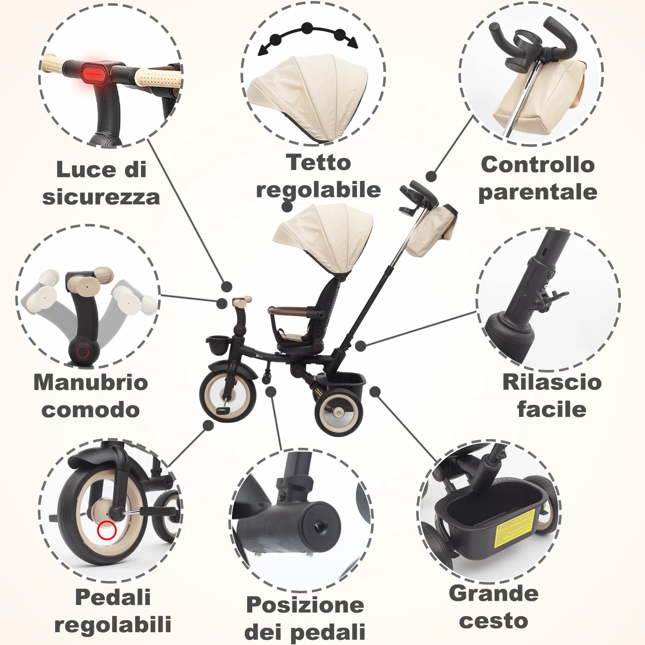 Twinly - Triciclo Evolutivo Bambino Sami Pieghevole con Sedile Girevole 360 Bicicletta 2 anni - Passeggino Bambino, Giocattolo, 1-5 anni o 25 kg - Luce, Cappottina Estensibile (Beige)