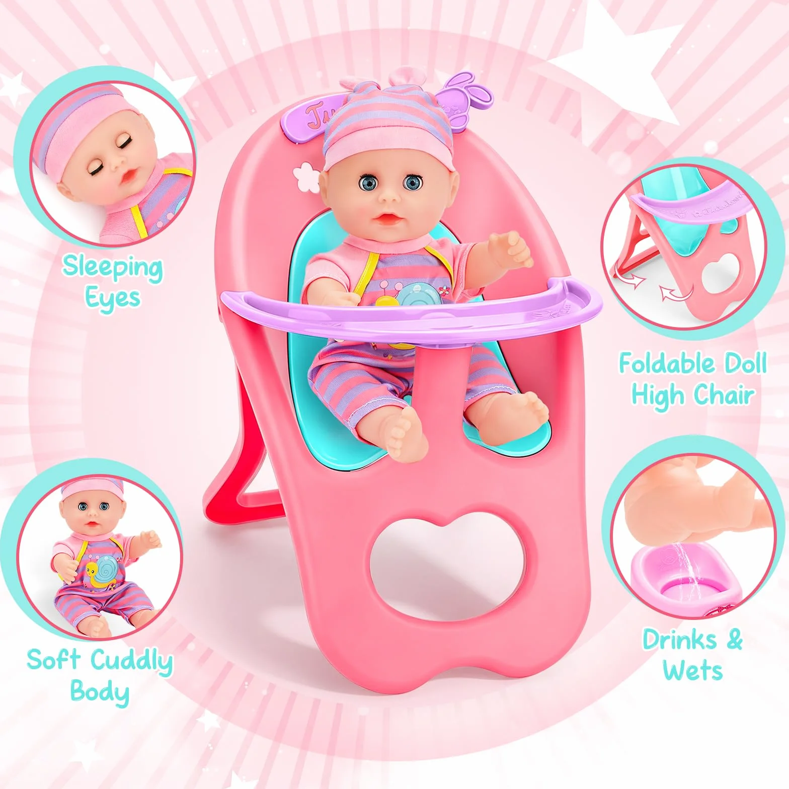 deAO Bambola con Accessori, Set da 21 Pezzi con Culla 12' Bambolotti Bebè Seggiolone e Lettino Giocattolo Educativo per Bambina 3+ Anni in su Idea Regalo per Natale o Compleanno