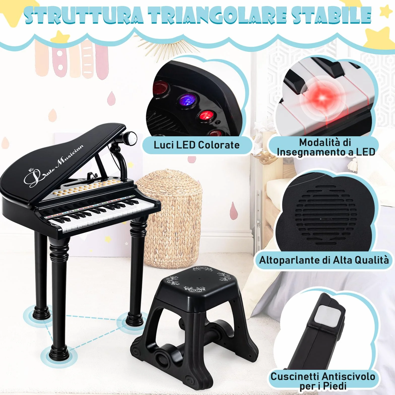 RELAX4LIFE Pianoforte per Bambini con 31 Tasti e Sgabello, Tastiera Pianoforte Elettronico con Microfono Regolabile, Giocattolo Musicale Regalo per Bambini 3+ Anni (Nero)