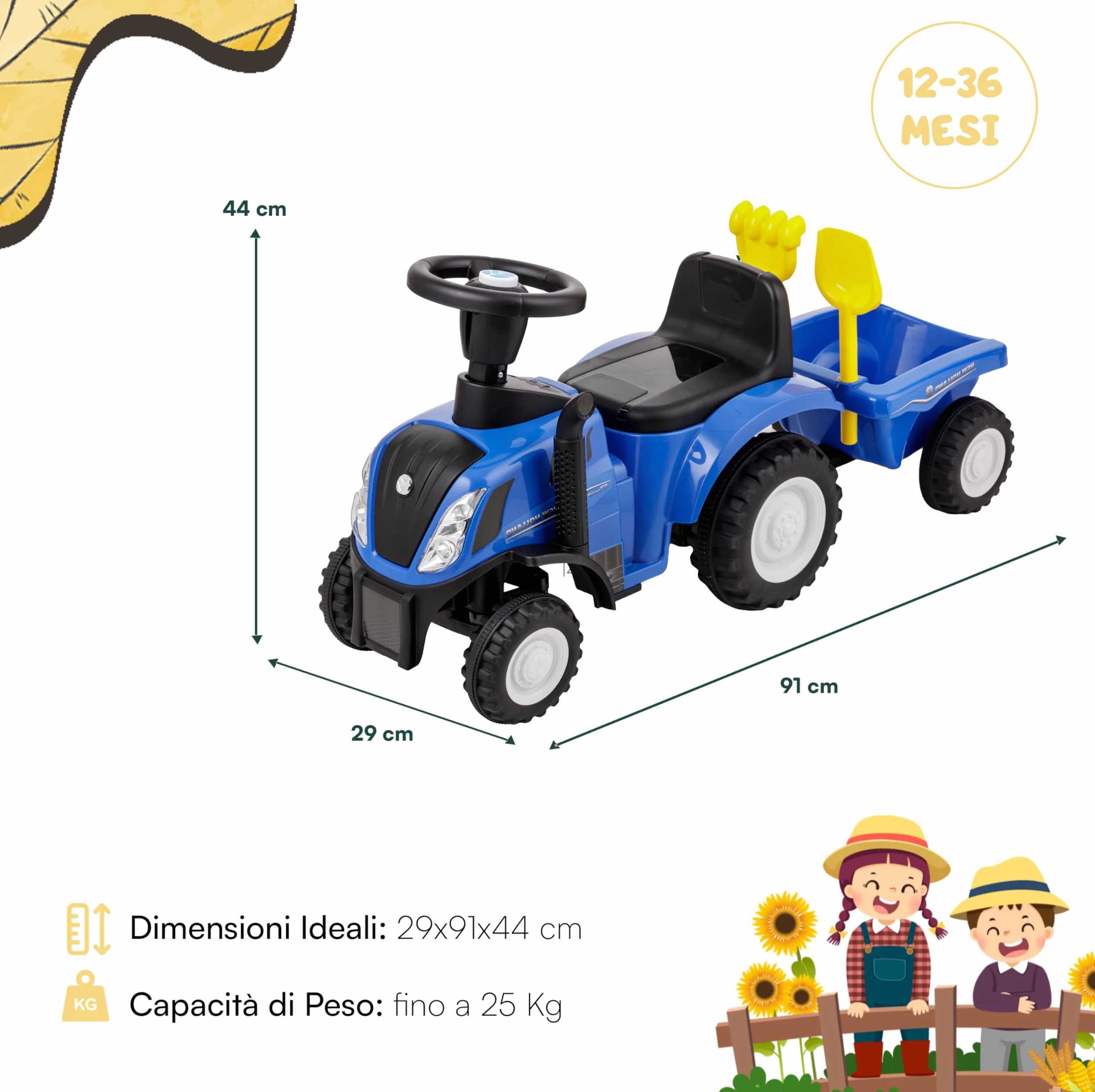 Baroni Toys Trattore Ride-On con Rimorchio per Bambini dai 12 a 36 mesi, Trattore con Clacson ad Aria, Volante Sterzante, Suoni e Fari Funzionanti, Paletta e Rastrello Inclusi, 29x91x44 cm, Blu