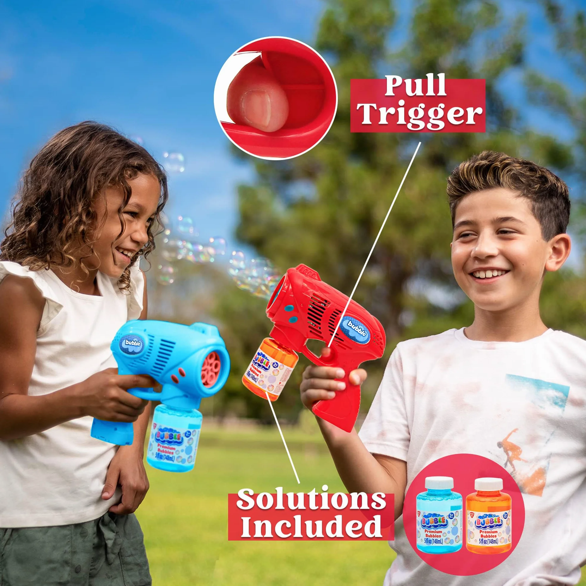 2 pezzi Pistola a Bolle Colorata con 2 Bottiglie di Soluzione di Bolle da 147ml per Bambini Giochi all'aperto e al coperto Festa a tema d'estate Compleanno